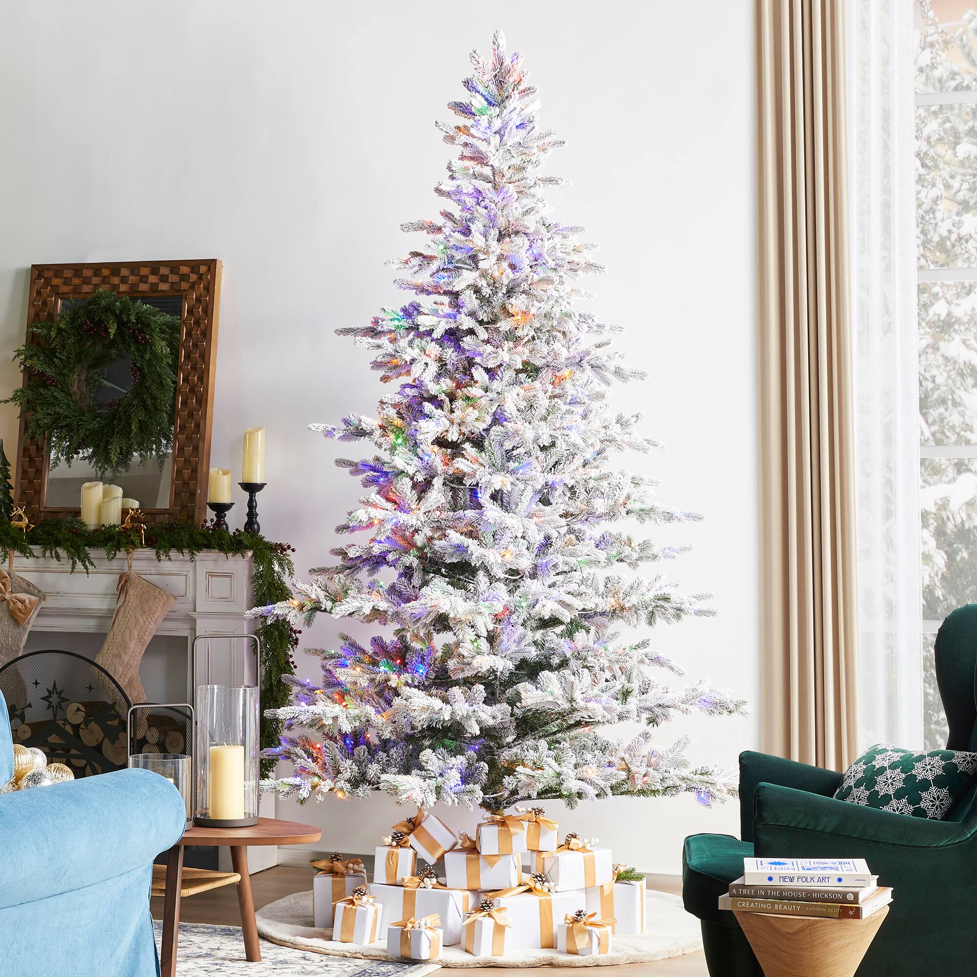 Glitzhome&#xAE; 9ft Pre-Lit Flocked Full Fir Artificial Christmas Tree, Multicolor LED Lights
