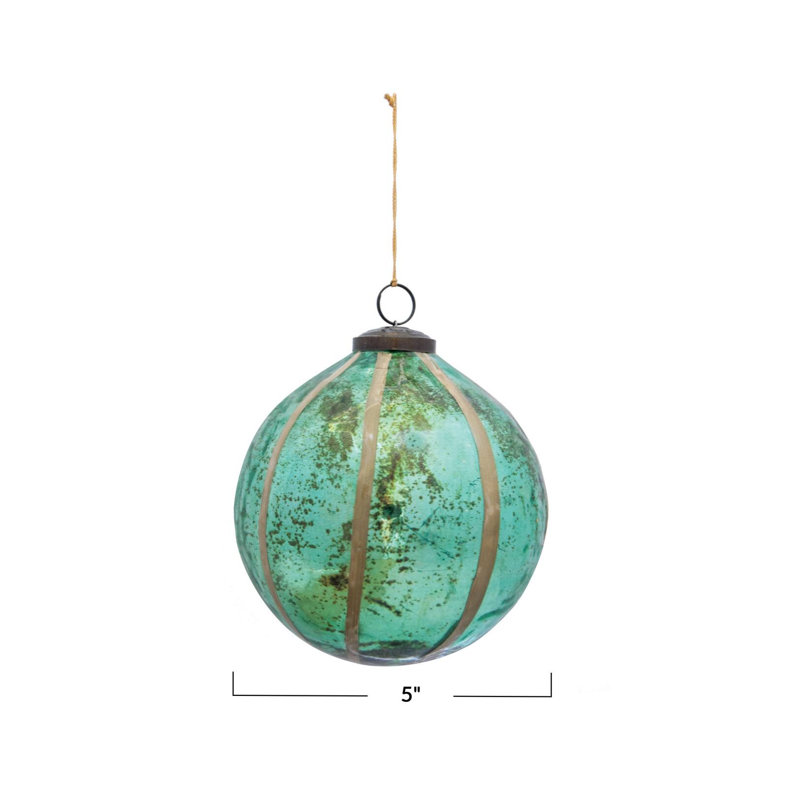 Hello Honey® 5" Round Turquoise Glass Ball Ornament with Embedded Eucalyptus Leaves
