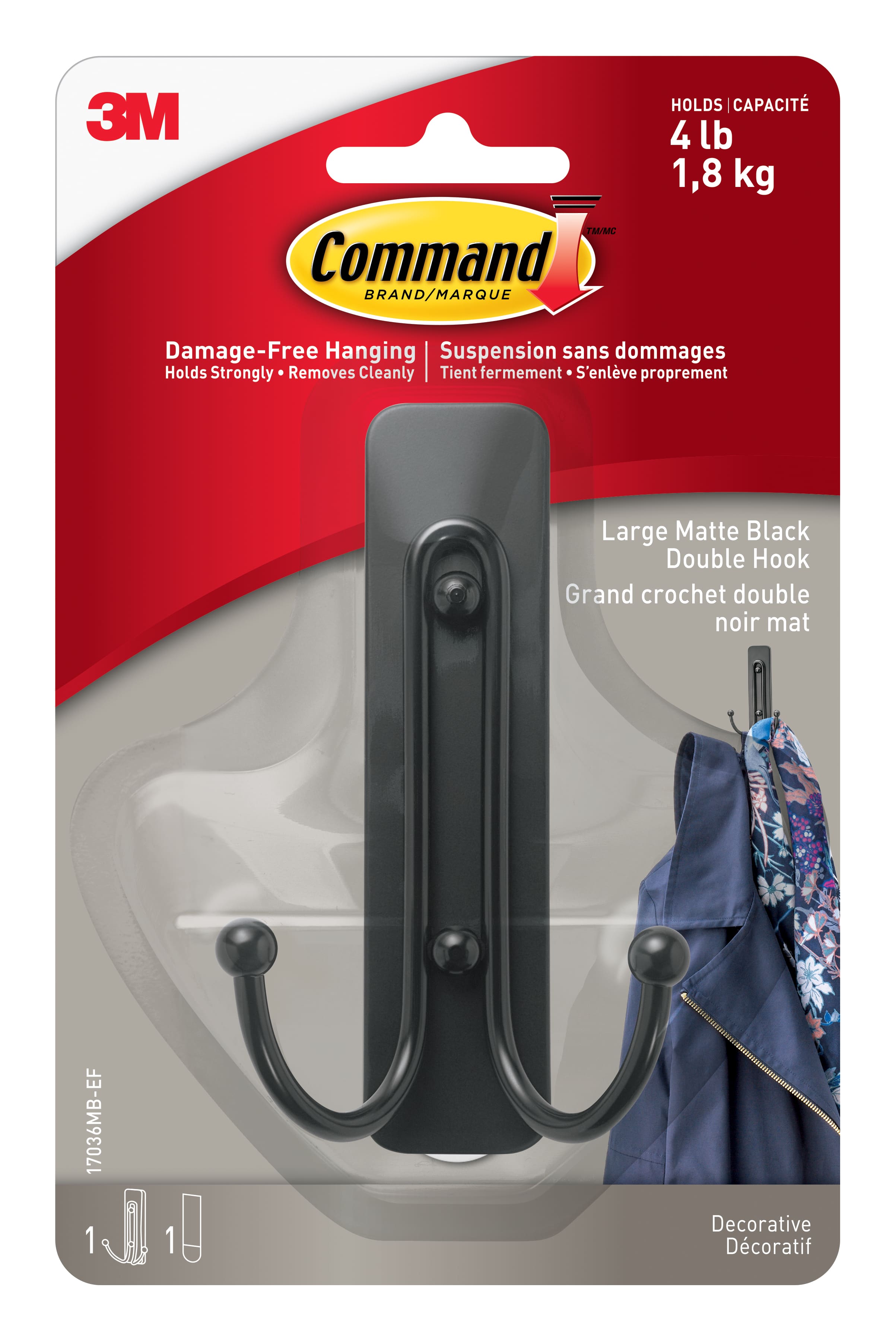 Command&#x2122; Decorative Double Hooks, Matte Black