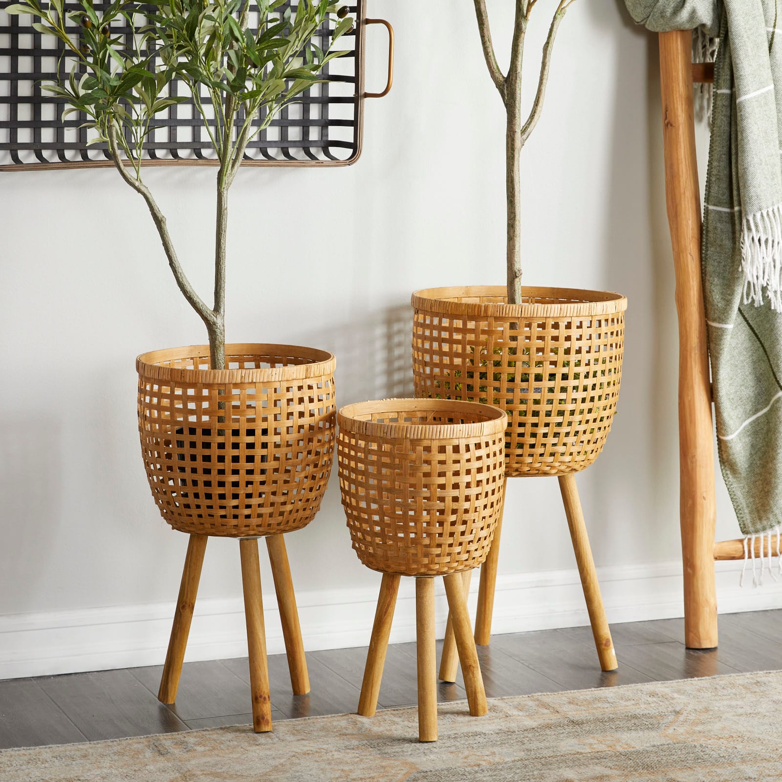Brown Bamboo Bohemian Planter, Set of 3&#x22; 26&#x22;, 23&#x22;, 20&#x22;