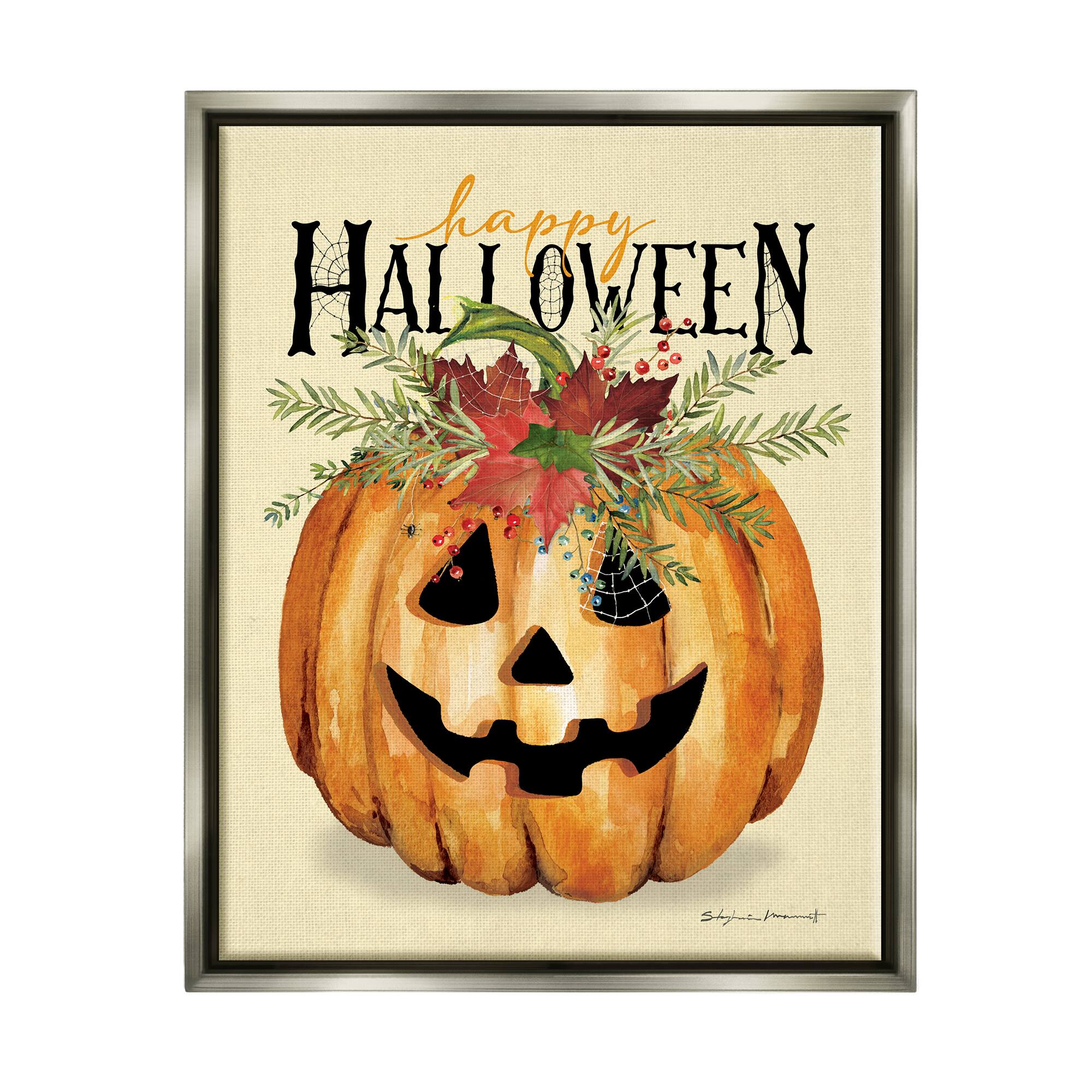 Stupell Industries Happy Halloween Jack-o-Lantern Framed Floater Canvas Wall Art