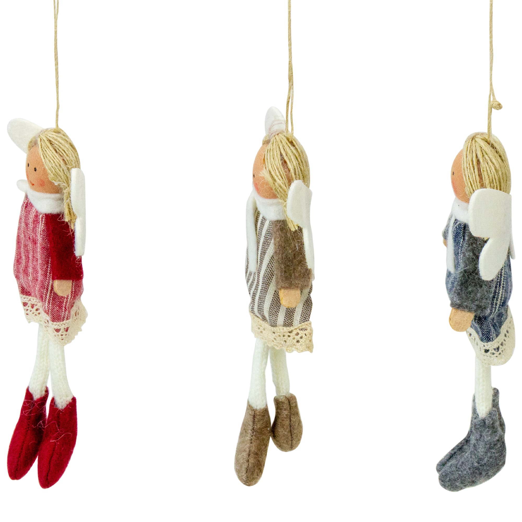 Angel Doll with Wings Christmas Ornaments - 6" - Red Brown and Blue - Set of 3