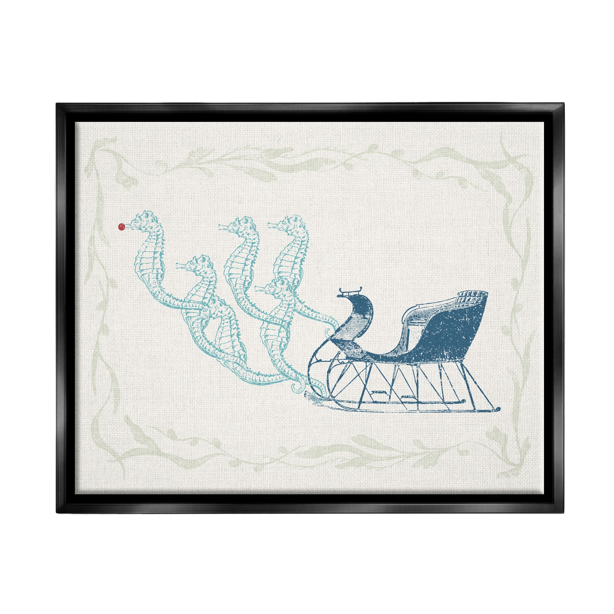 Stupell Industries Seahorse Santa Sled Nautical Christmas Framed Floater Canvas Wall Art