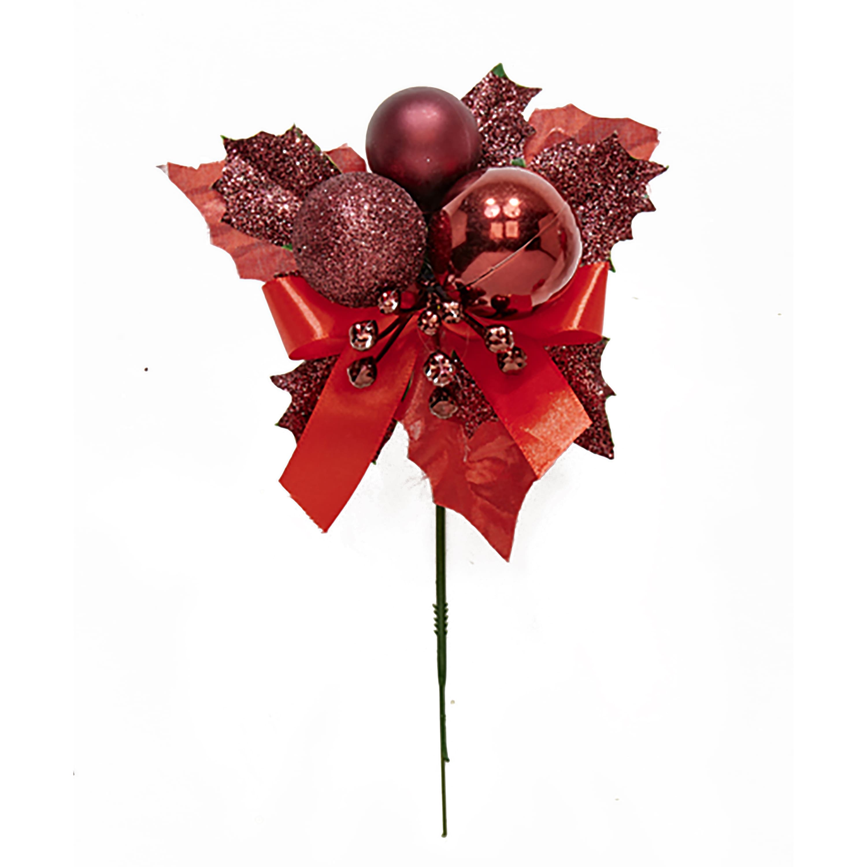 7" Christmas Ball Berry Leaves Pick
