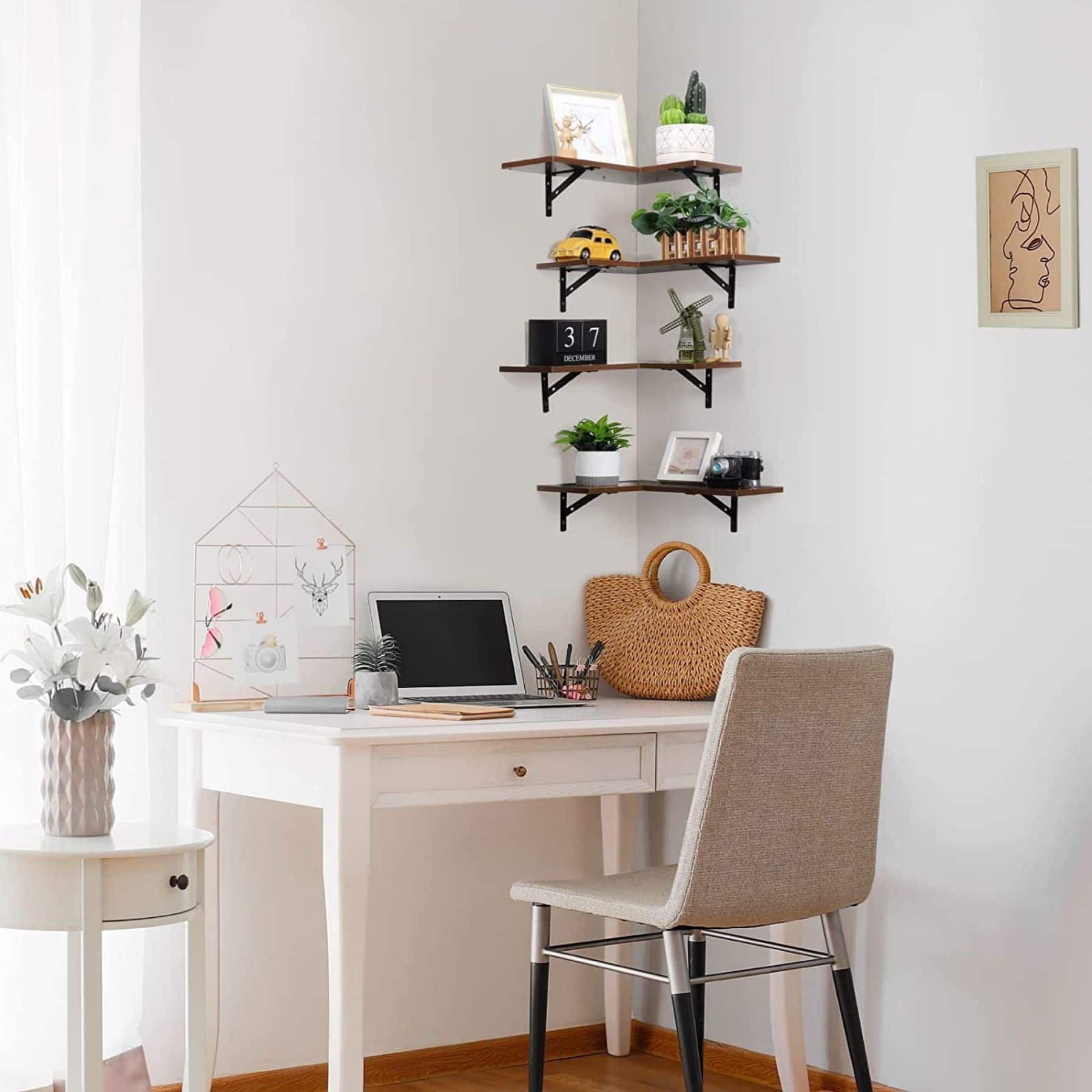 Brown Wood Wall Mounted Corner Floating Shelf Set