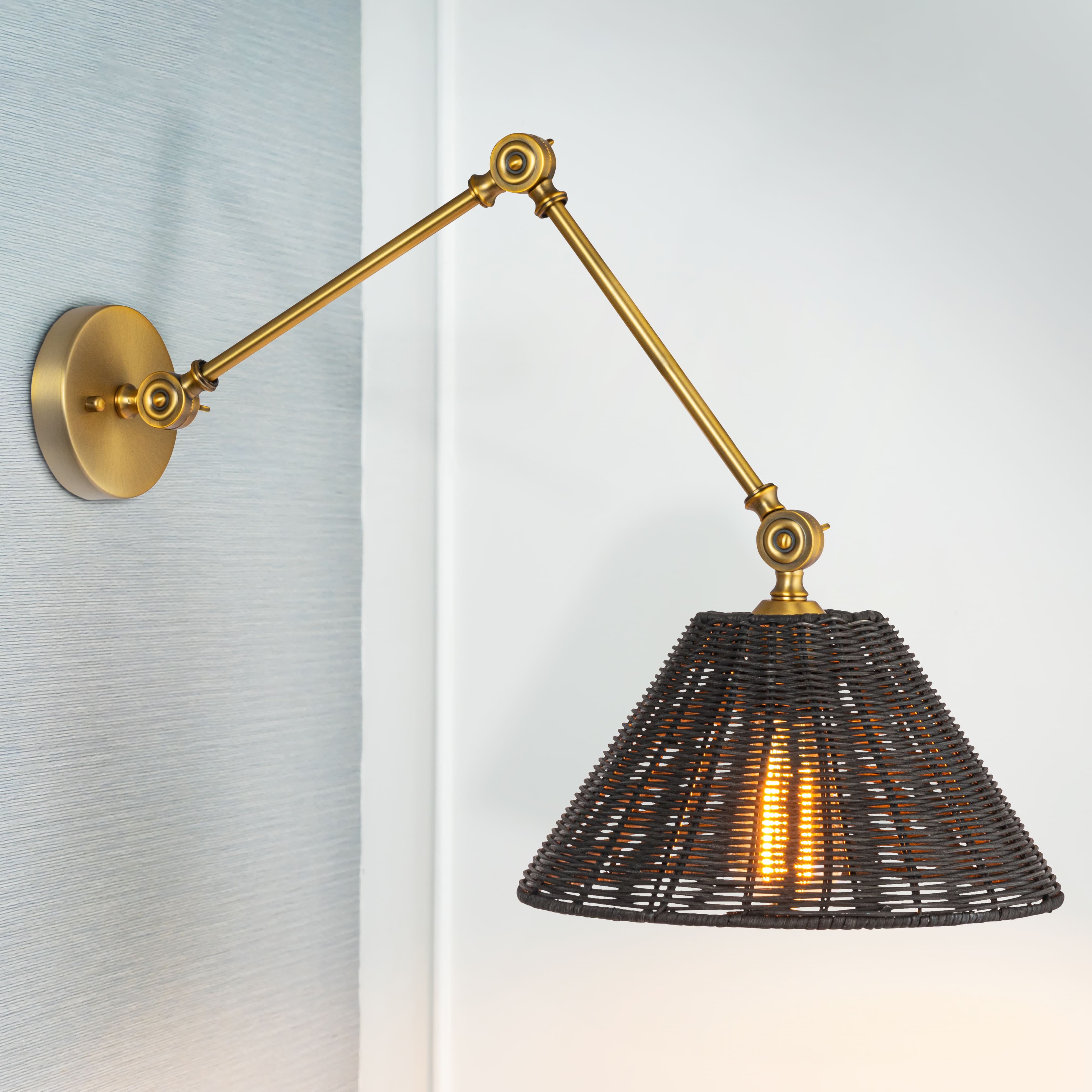 Hello Honey® 28.9" Adjustable Antique Brass Finish Wall Sconce with Black Rattan Shade