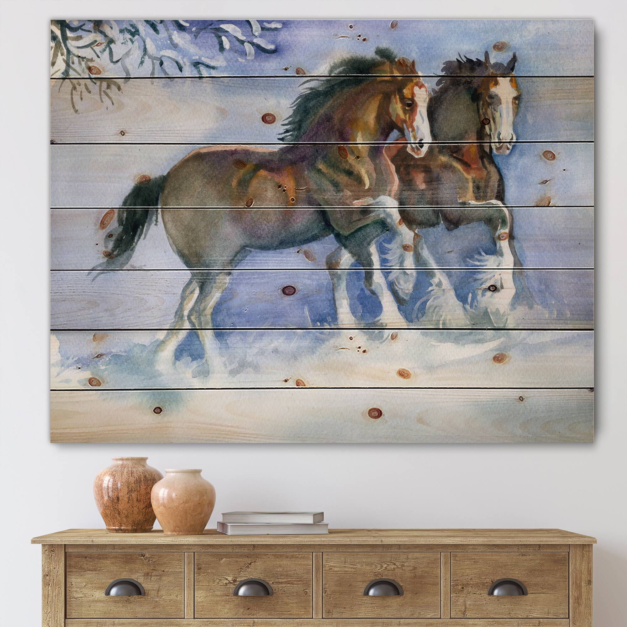 Designart - Horses Running In Winter - Farmhouse Print on Natural Pine Wood