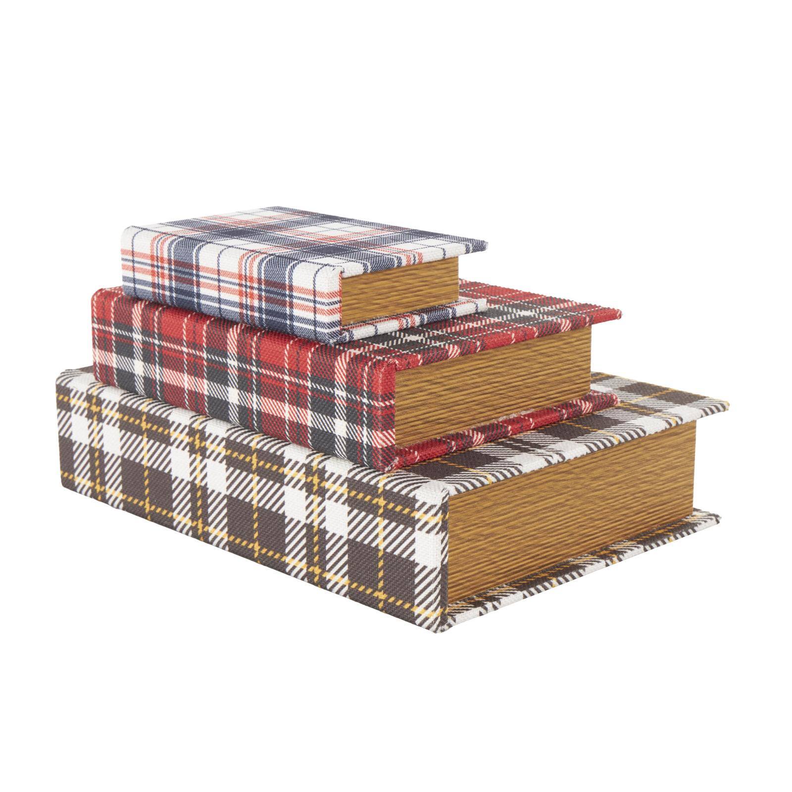 Multicolor Geometric Faux Book Storage Decorative Box with Plaid Inspired Pattern Set