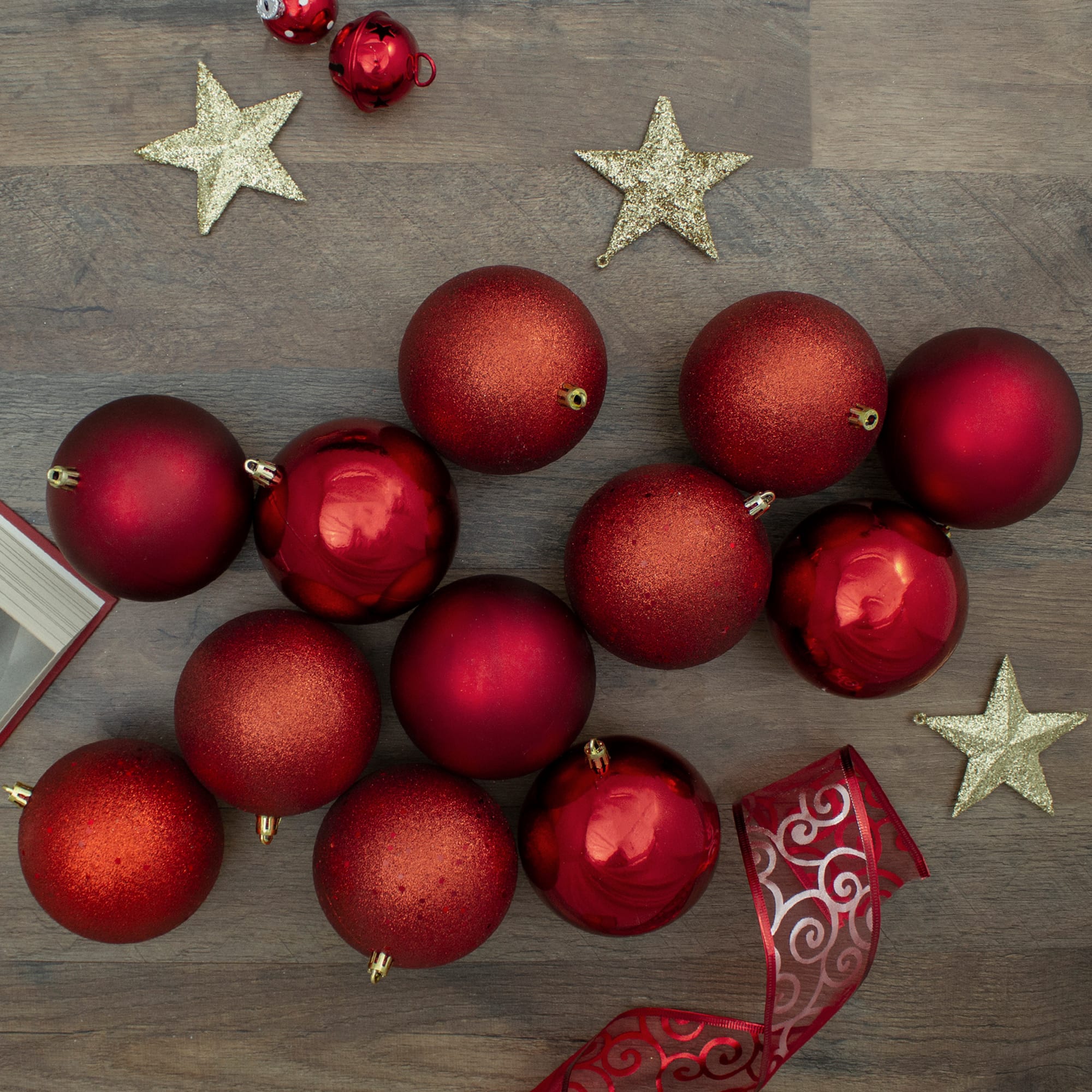 12ct. 4&#x22; Red Shatterproof 4-Finish Christmas Ball Ornaments