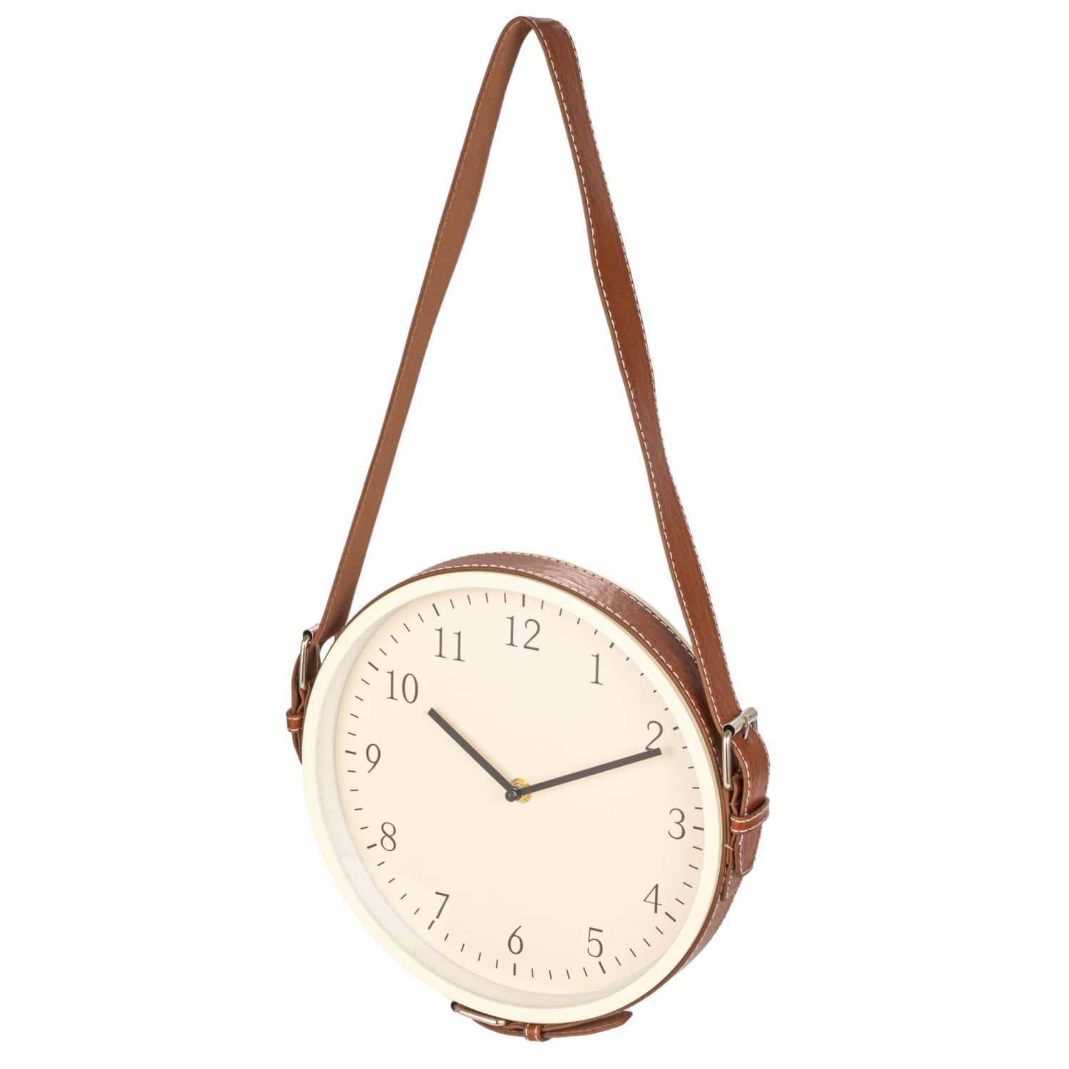 Hello Honey&#xAE; White &#x26; Brown Plastic Hanging Wall Clock with Leather Strap