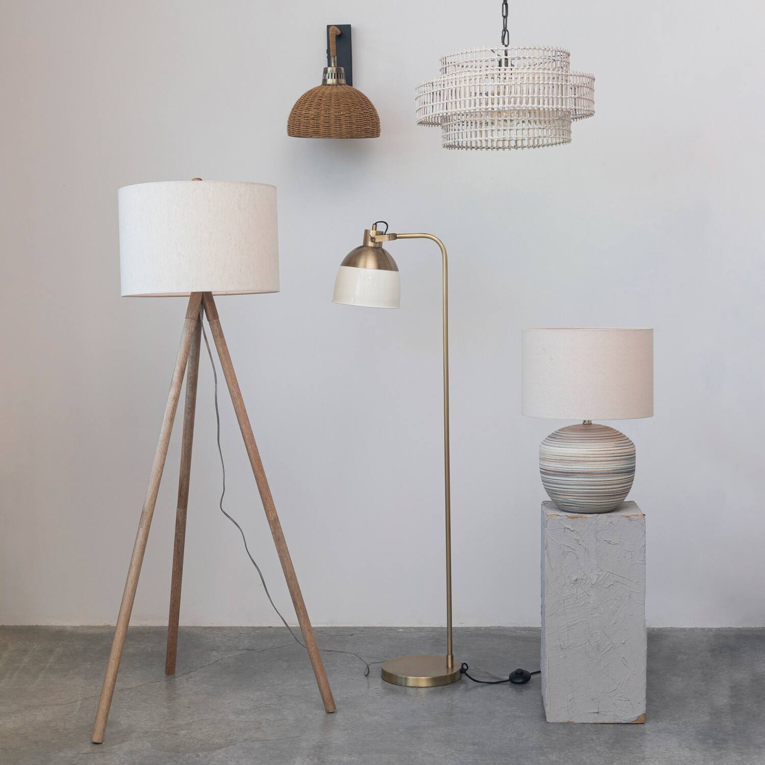 Hello Honey&#xAE; 5ft. Modern Wood Tripod Floor Lamp with Fabric Shade