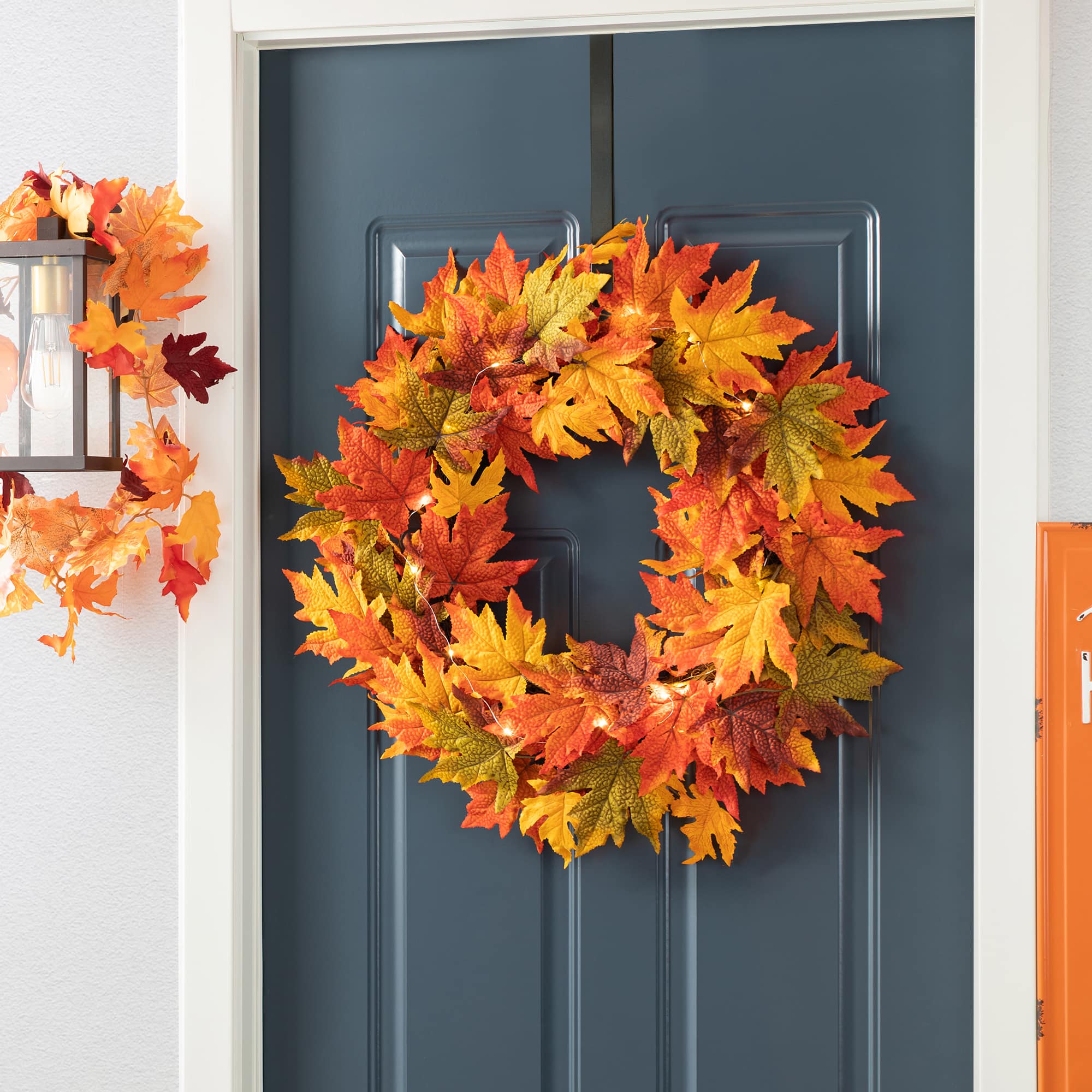 Glitzhome® 24" Fall Lighted Maple Leaves Wreath with Timer