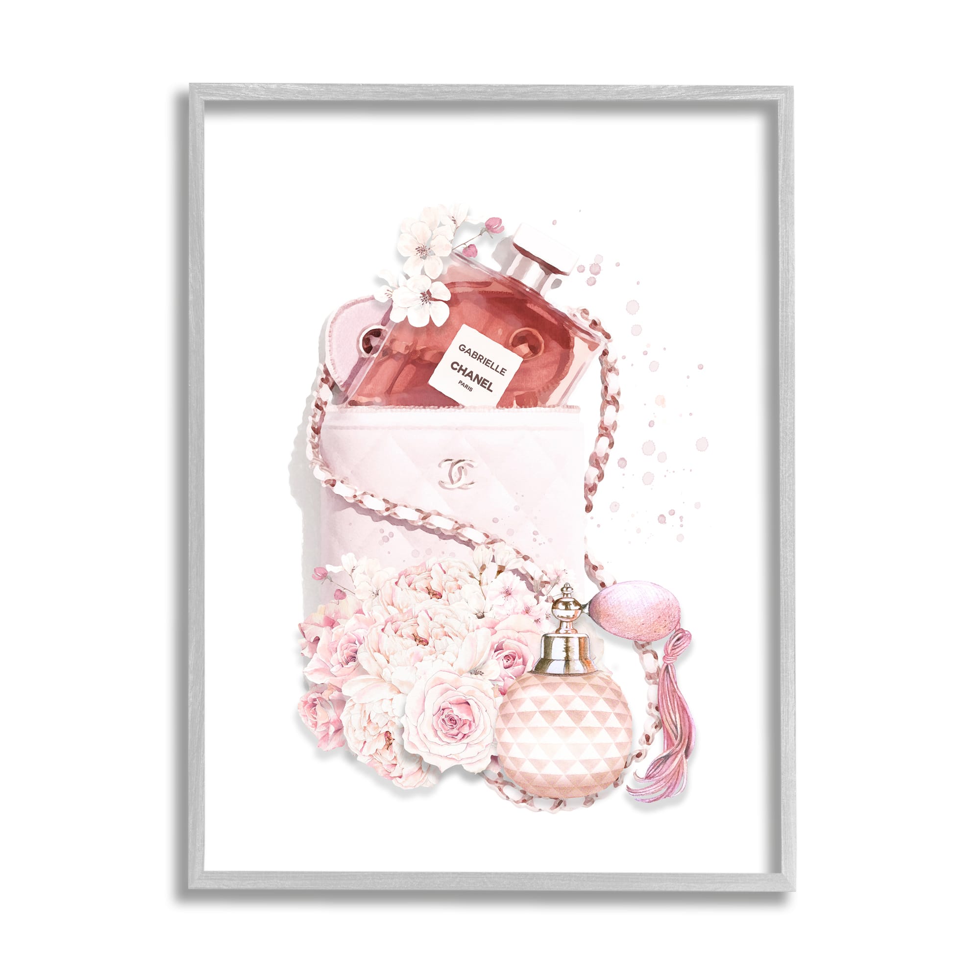 Stupell Industries Pink Designer Bag with Chic Florals Paint Splatter in Gray Frame Wall Art