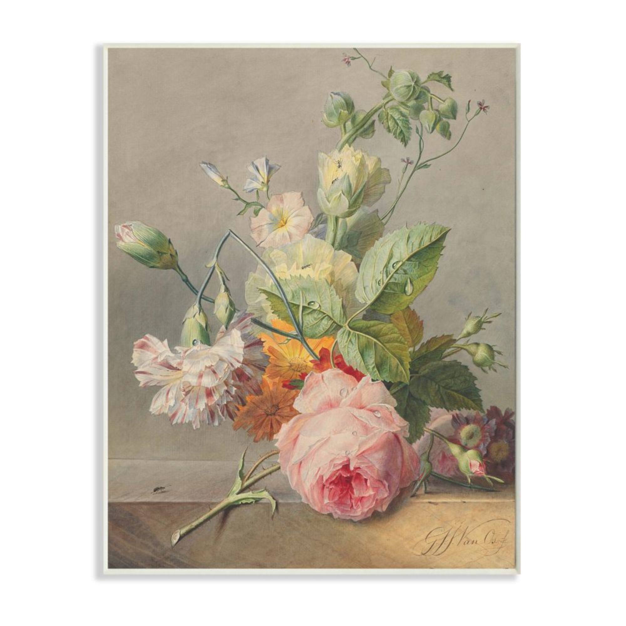Stupell Industries Vintage Aged Pink Florals on Table Still-Life Wood Wall Plaque