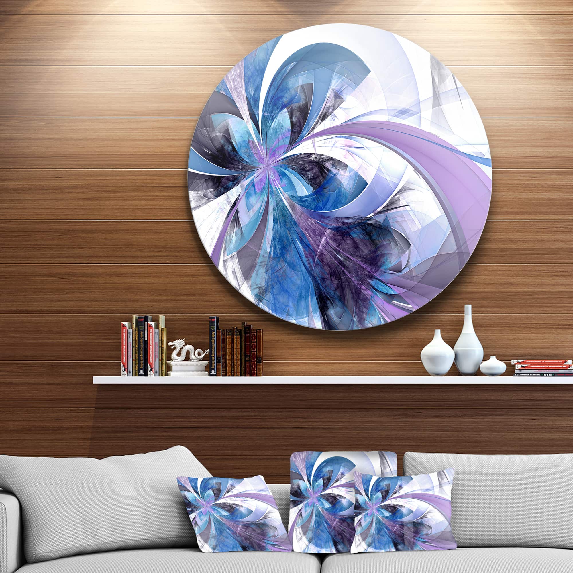 Designart - Symmetrical Fractal Flower in Blue' Floral Metal Circle Wall Art