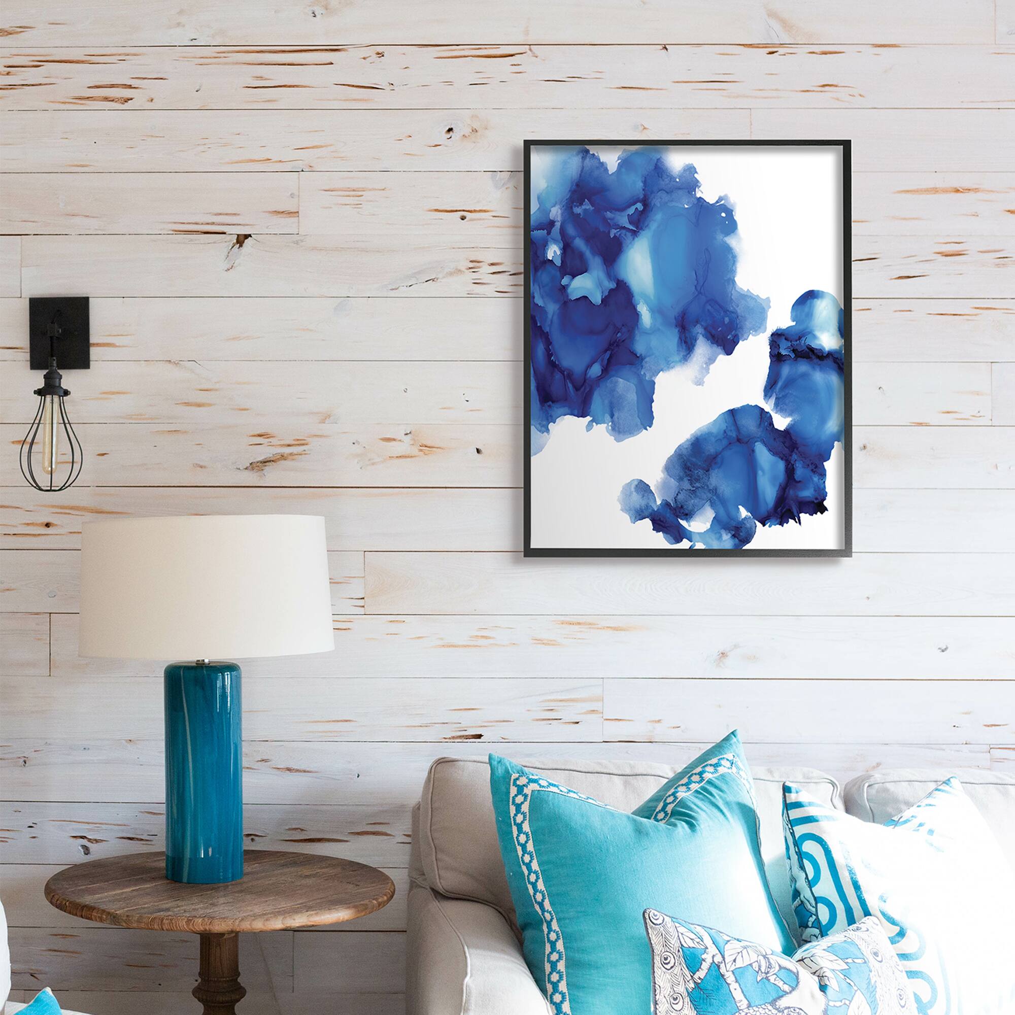 Stupell Industries Blue Ink Blot Abstraction Over White in Black Frame Wall Art