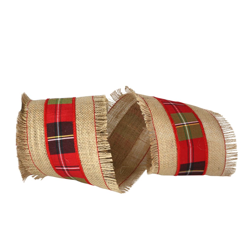 JAM Paper 4" x 5yd. Natural Burlap Fringe Plaid Overlay Wired Edge Ribbon