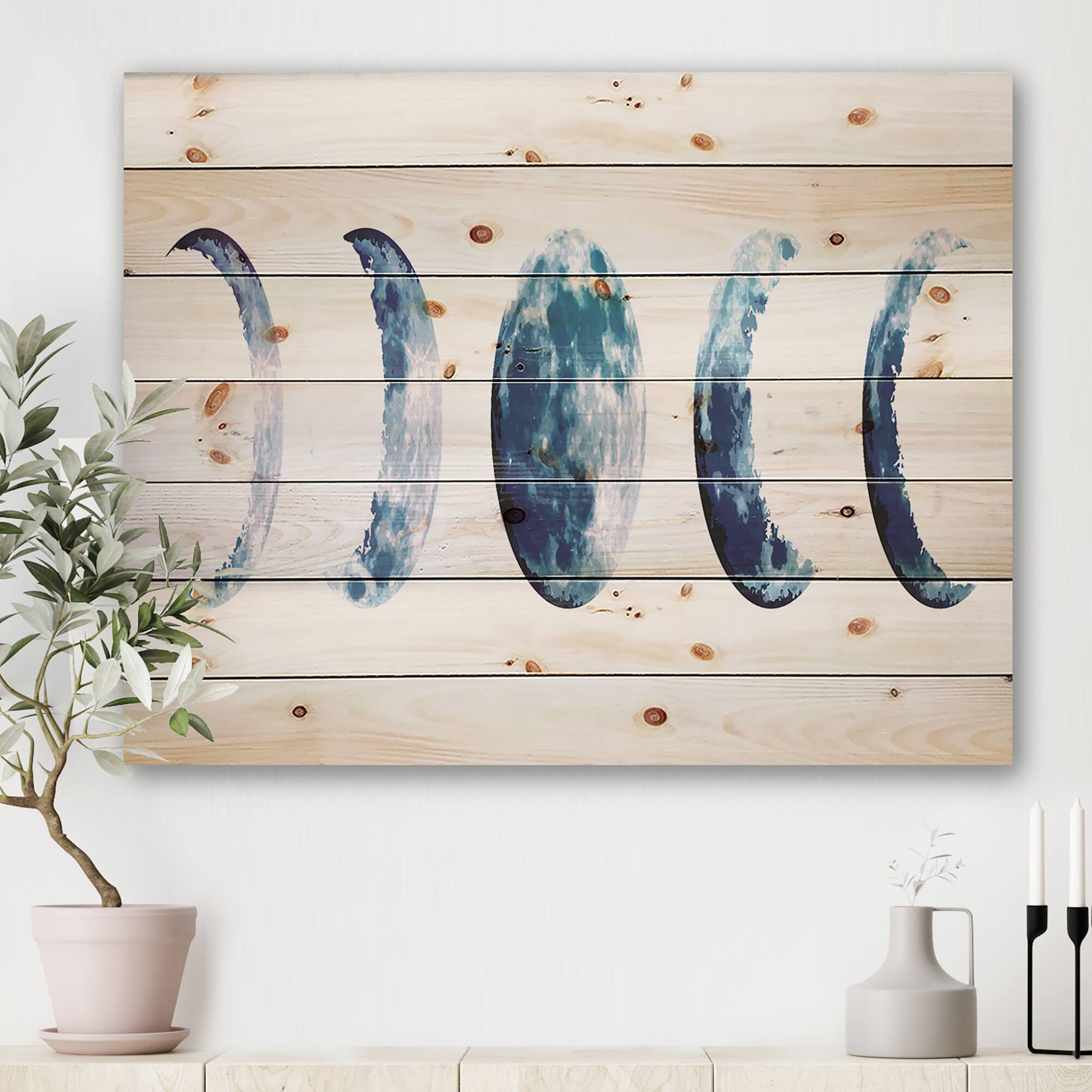 Designart - Magic Blue Moon Phases - Bohemian &#x26; Eclectic Print on Natural Pine Wood