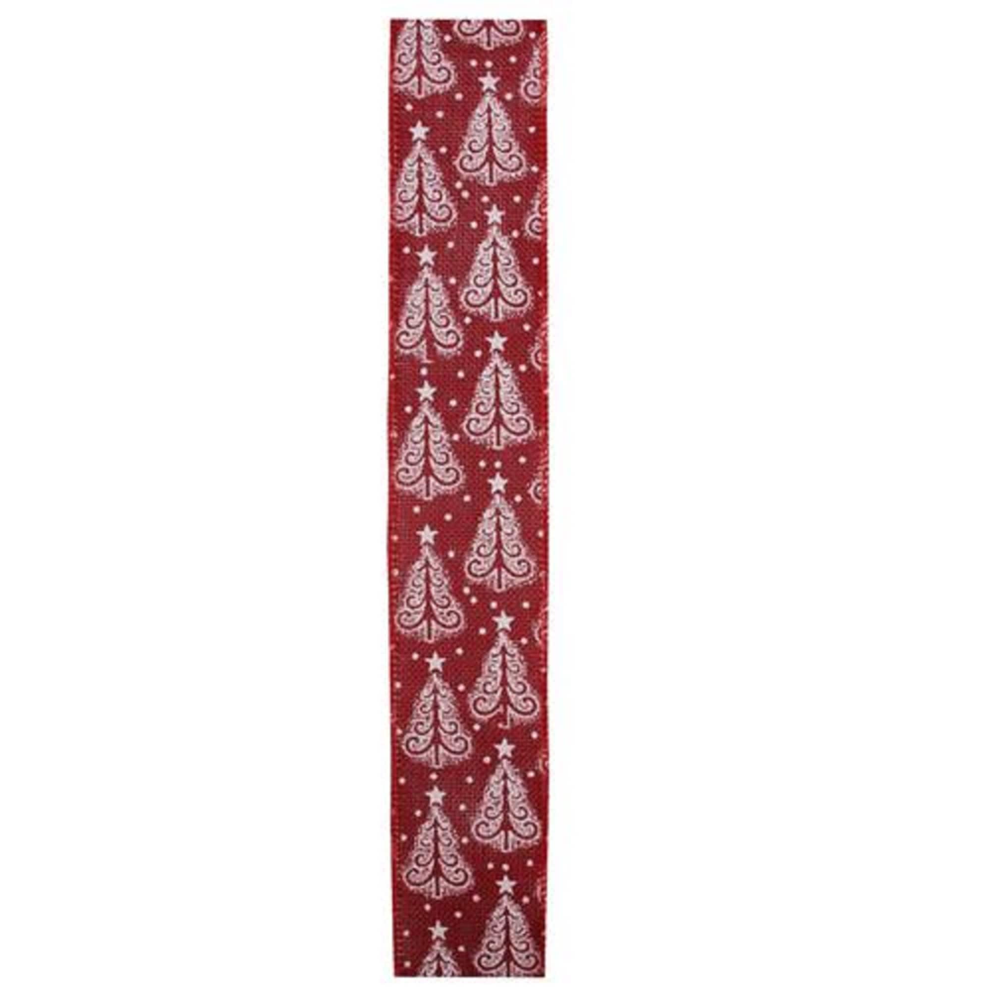 Cranberry Red and White Trees Burlap Wired Christmas Craft Ribbon 2.5&#x22; x 10 Yards