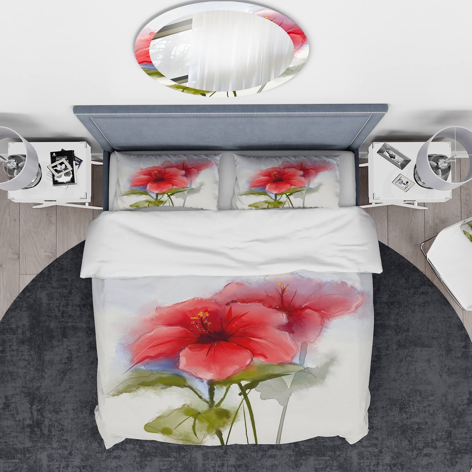 Designart &#x27;Watercolor Painting Red Hibiscus Flower&#x27; Traditional Bedding Set - Duvet Cover &#x26; Shams