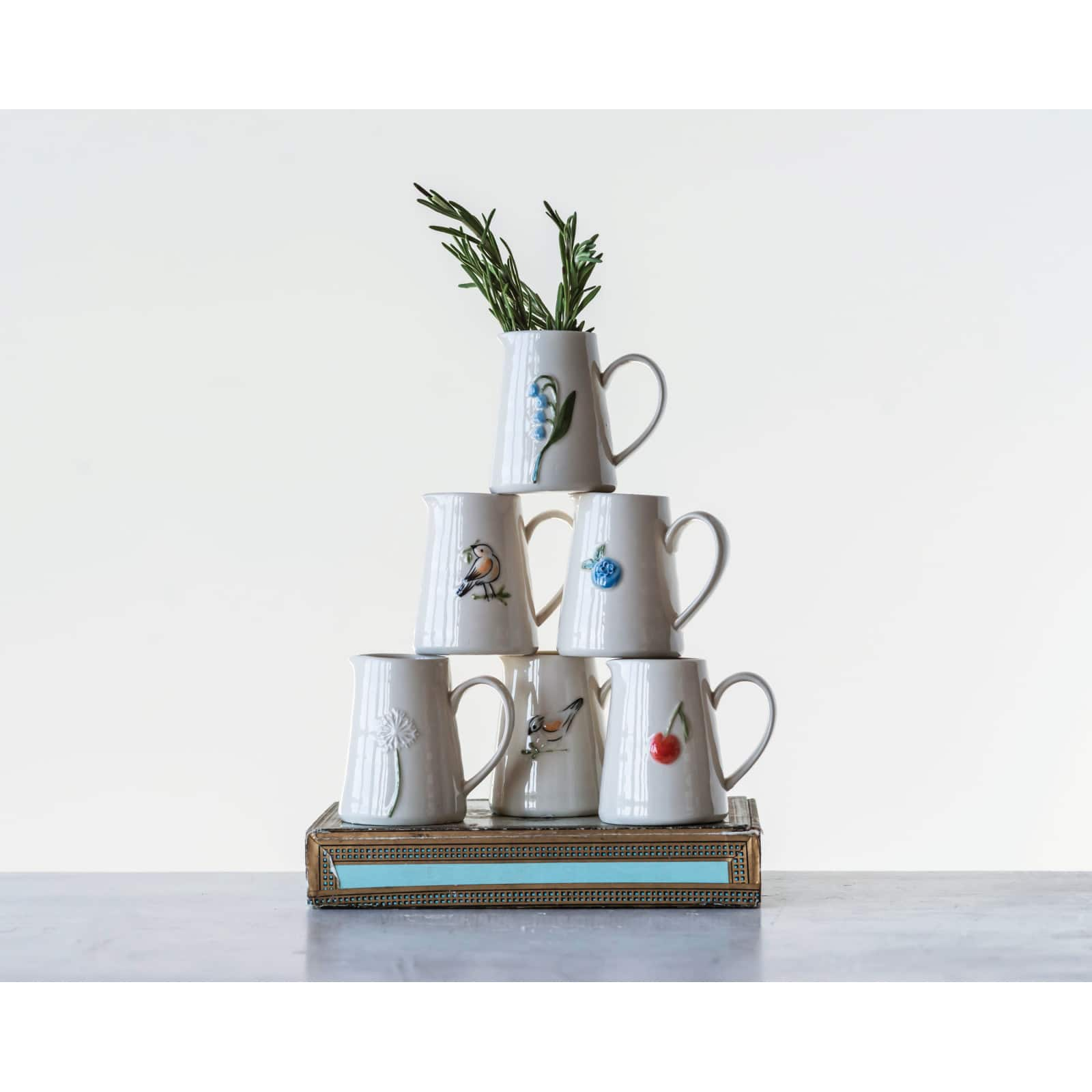 White Stoneware Creamer with Hand-Painted &#x26; Embossed Birds Set