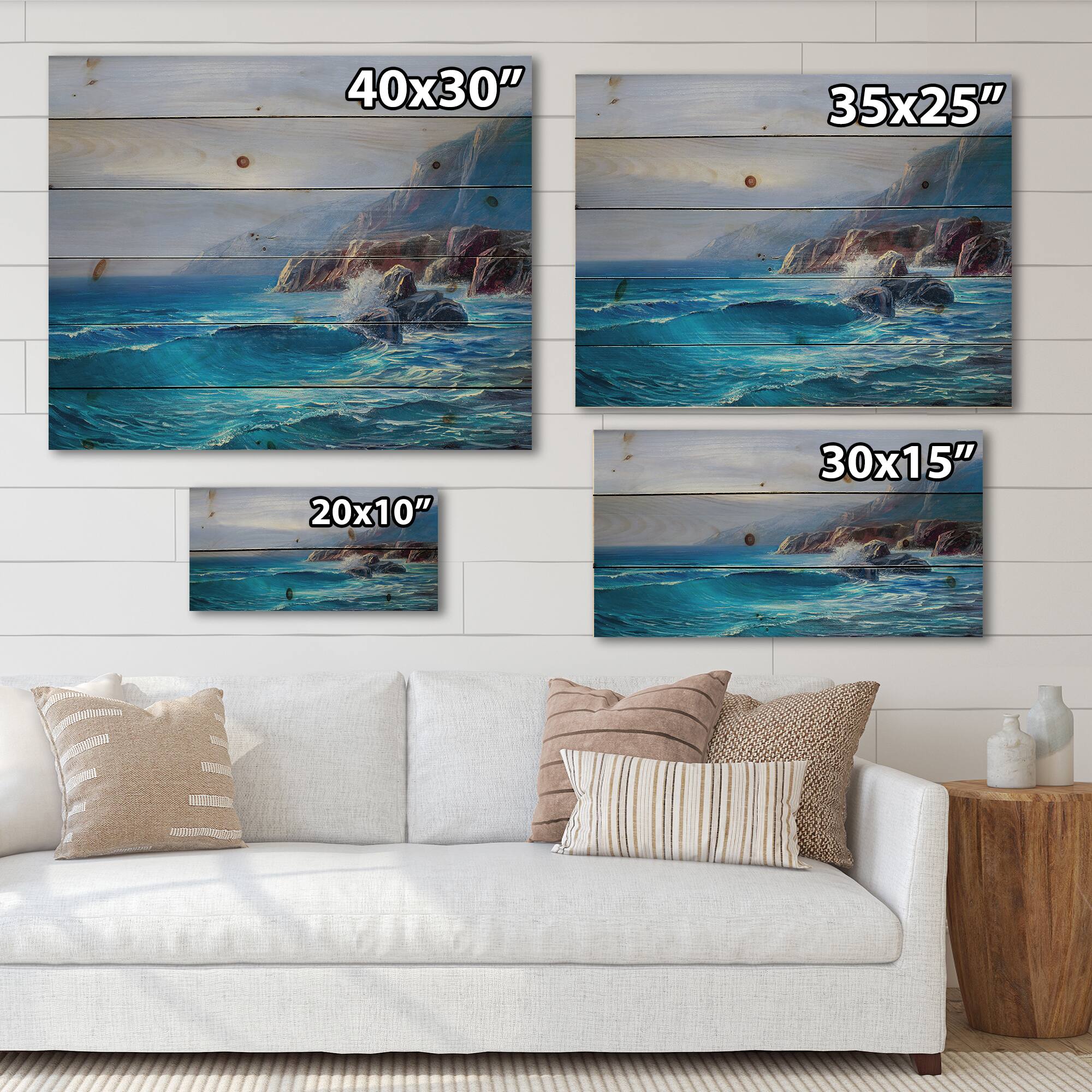 Designart - Morning On Sea Wave Paints On A Canvas - Nautical & Coastal Print on Natural Pine Wood