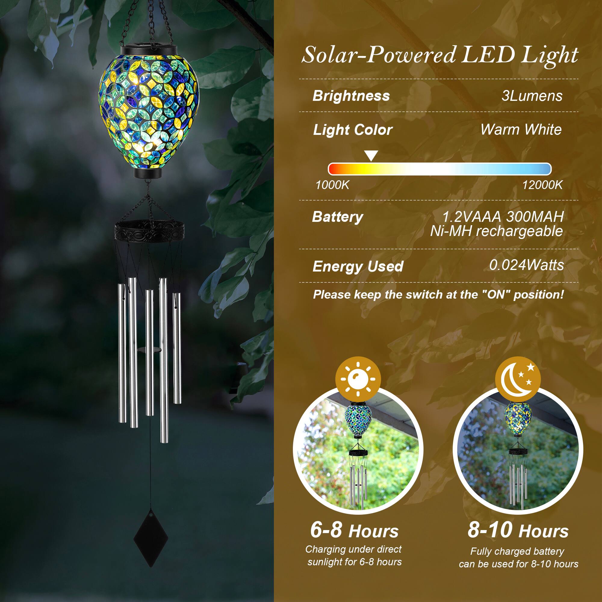 Glitzhome&#xAE; 37&#x22; Blue &#x26; Green Solar Lighted Metal &#x26; Glass Mosaic Windchime