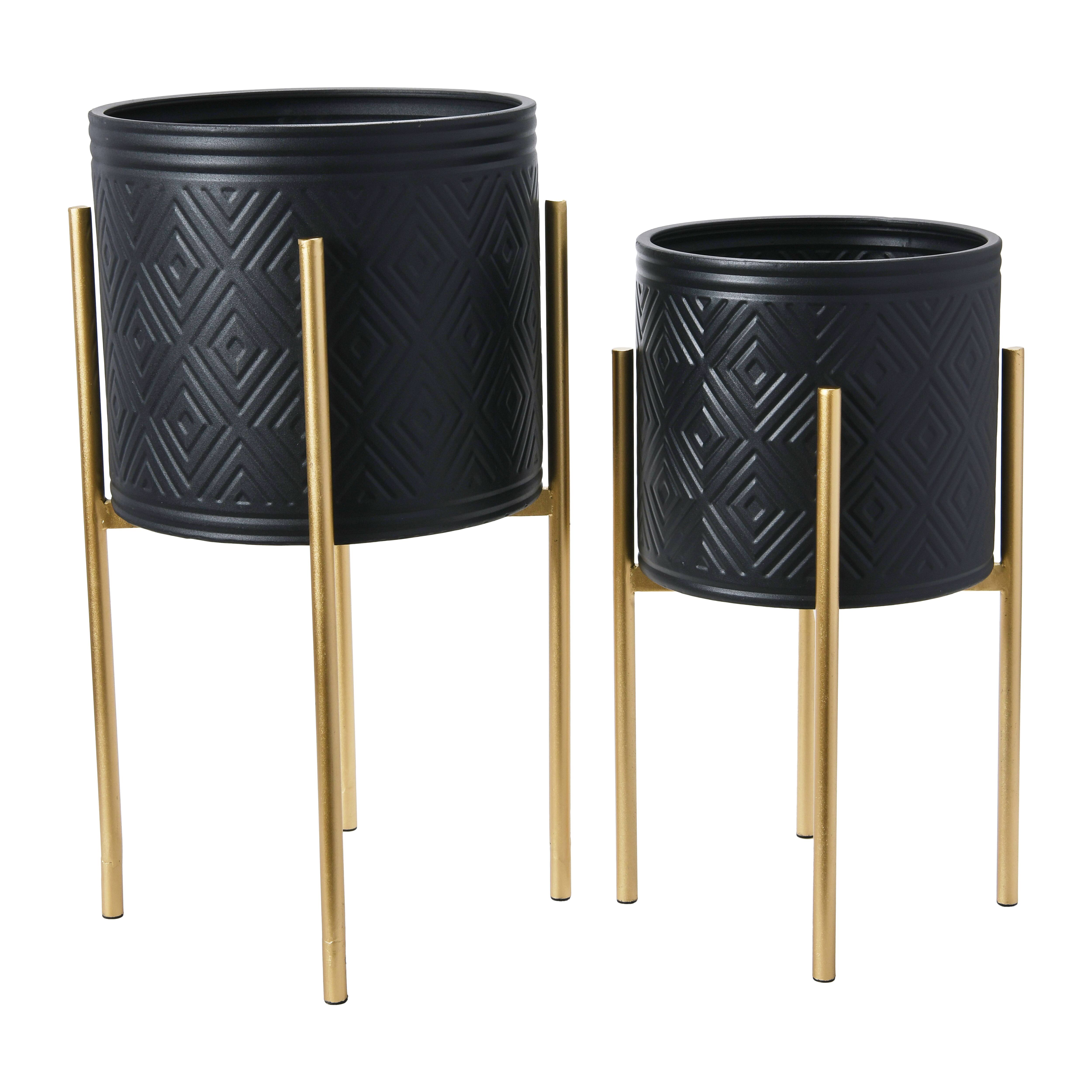 Hello Honey® Matte Black Boho Embossed Metal Planters with Stands Set
