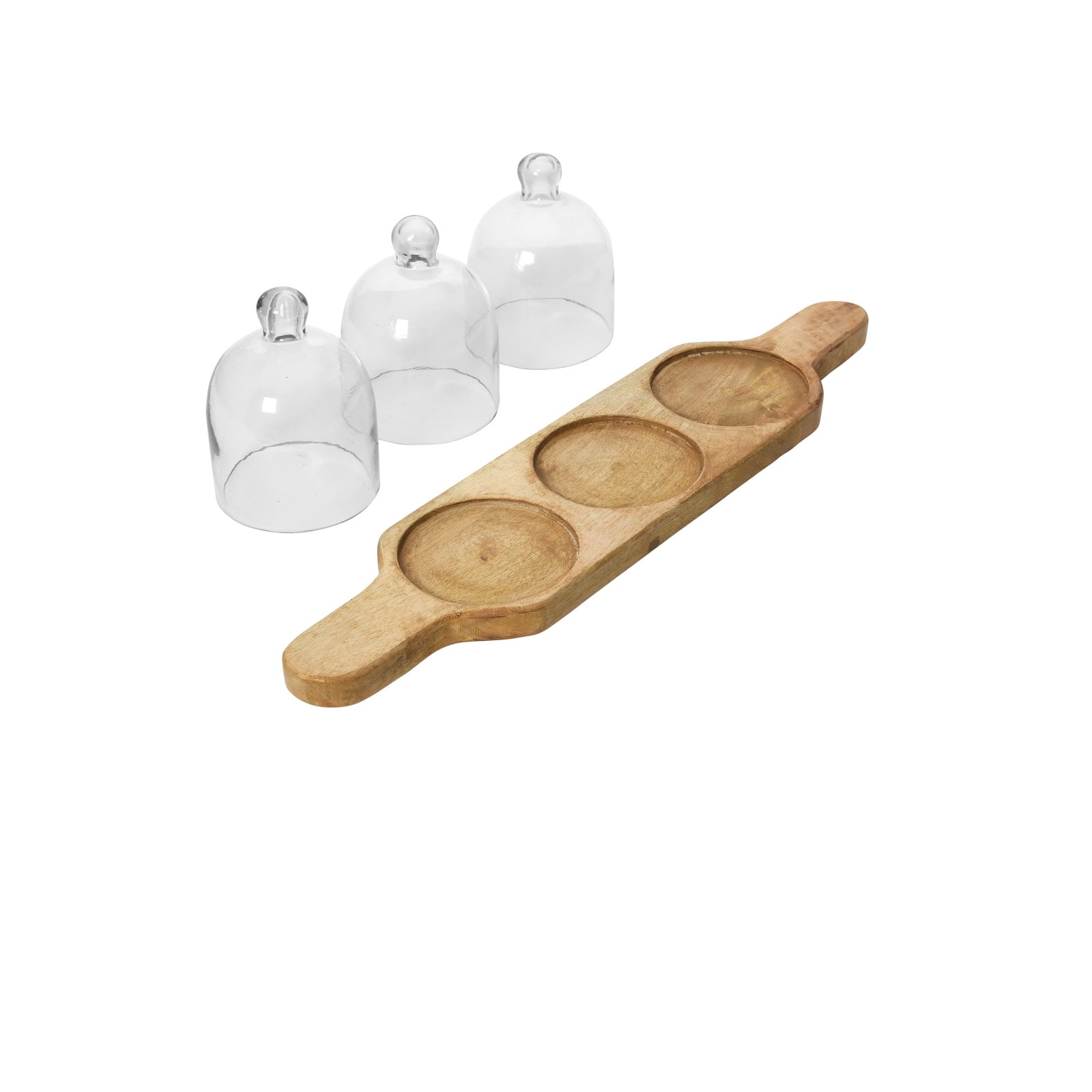 Hello Honey&#xAE; Mango Wood Serving Tray with 3 Glass Cloches Set