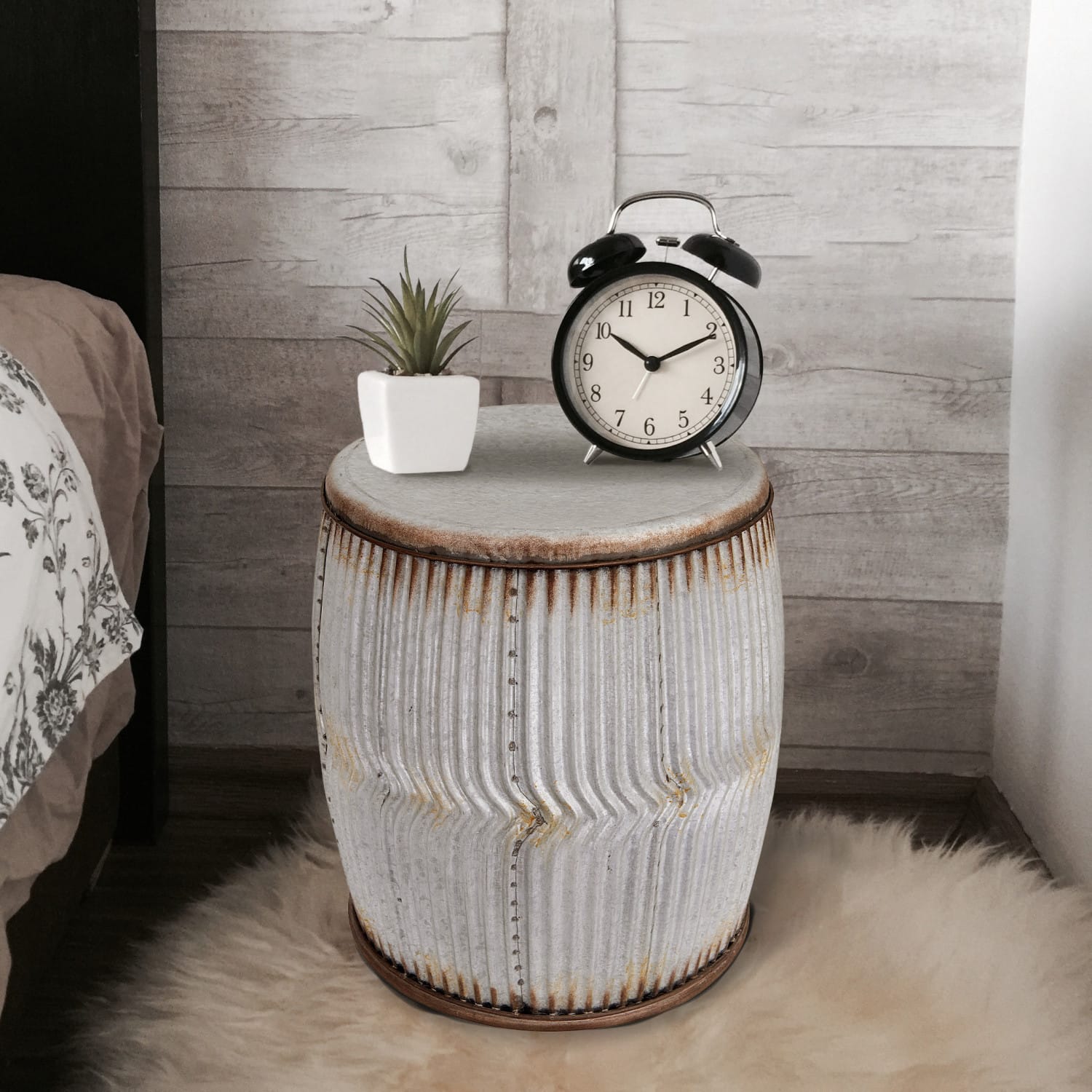 17.5&#x22; Rustic Round Metal Barrel End Table