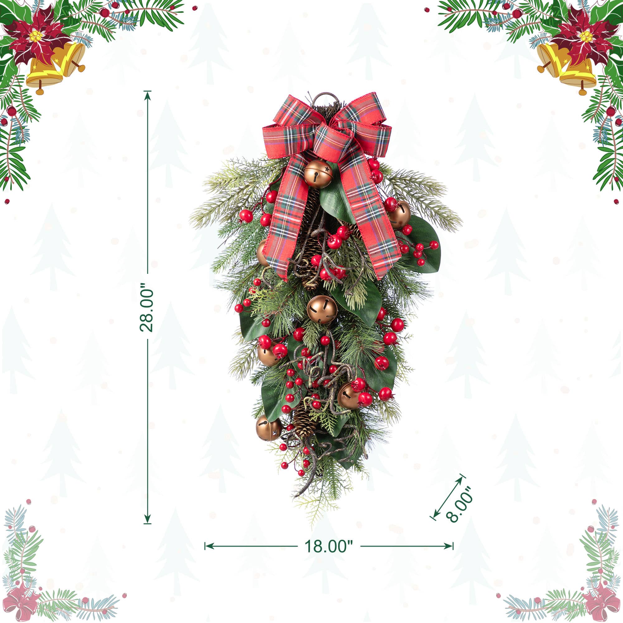 Glitzhome&#xAE; 28&#x22;H Christmas Bell, Pinecone &#x26; Berry Bow Teardrop