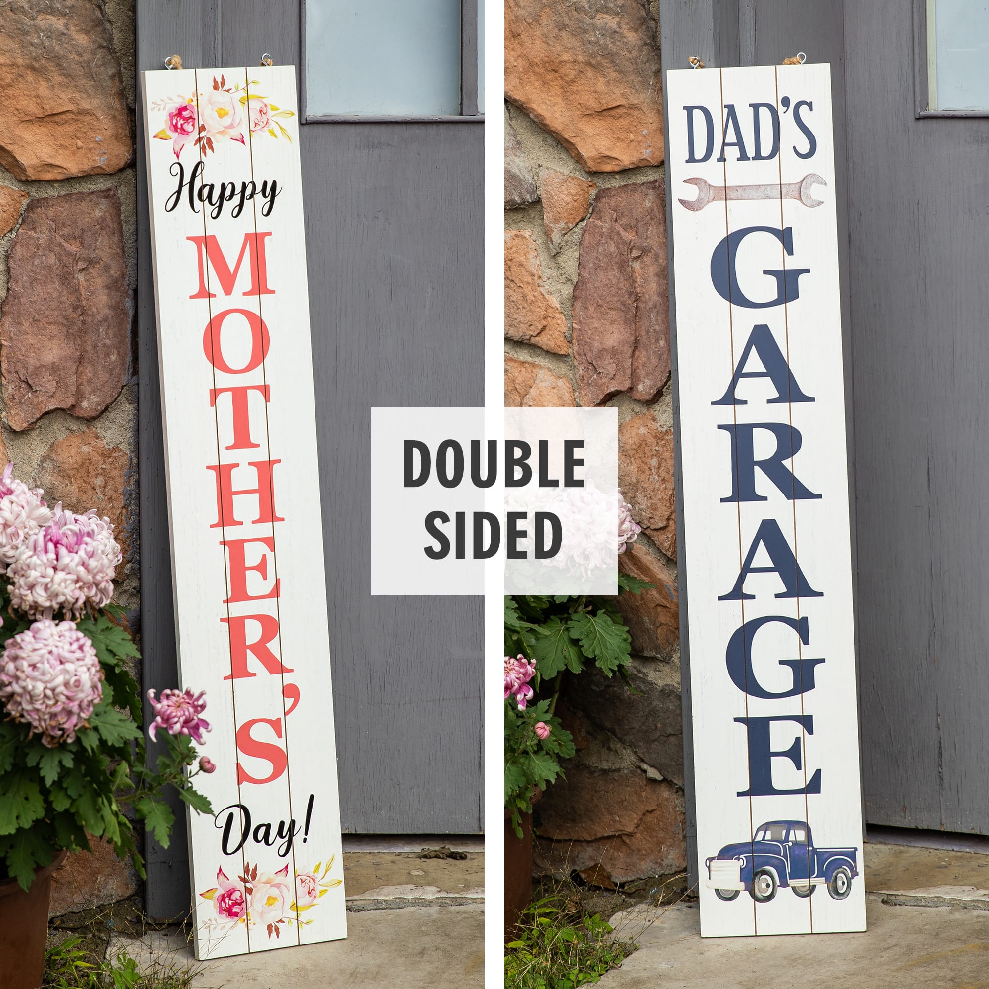 Glitzhome&#xAE; 3.5ft. Double Sided Wooden Porch Sign Mother&#x27;s Day &#x26; Father&#x27;s Day