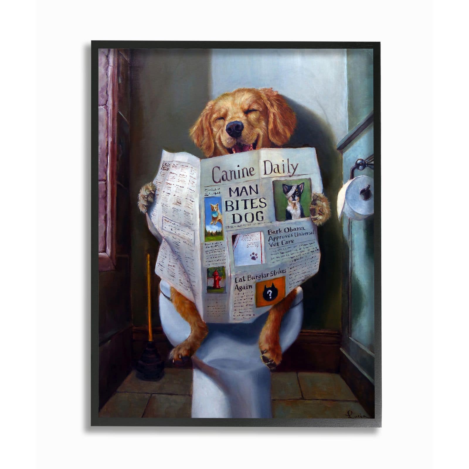 Stupell Industries Dog Reading Newspaper on Toilet with Black Frame Wall Accent