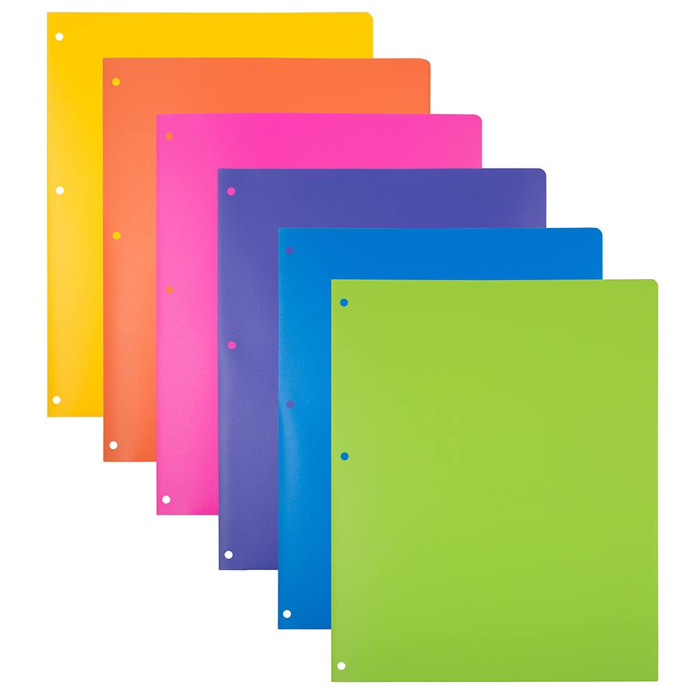 JAM Paper Fashion Color Heavy Duty Plastic 3-Hole School Folders with Pockets, 6ct.