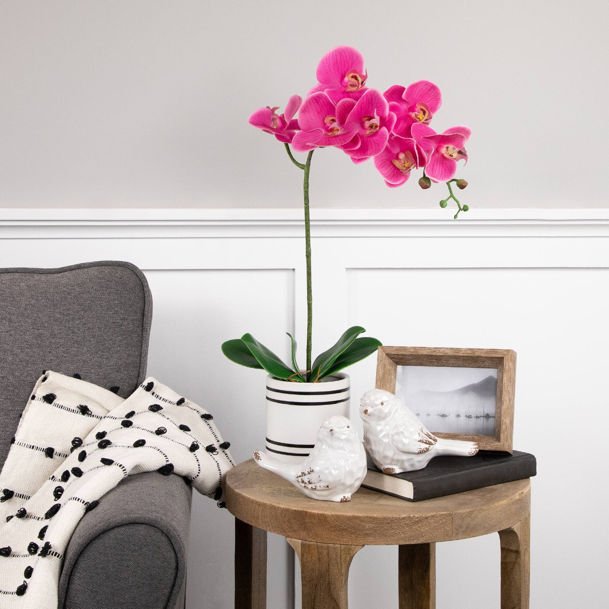 24&#x22; Real Touch&#x2122; Pink Orchid in a Striped Ceramic Pot