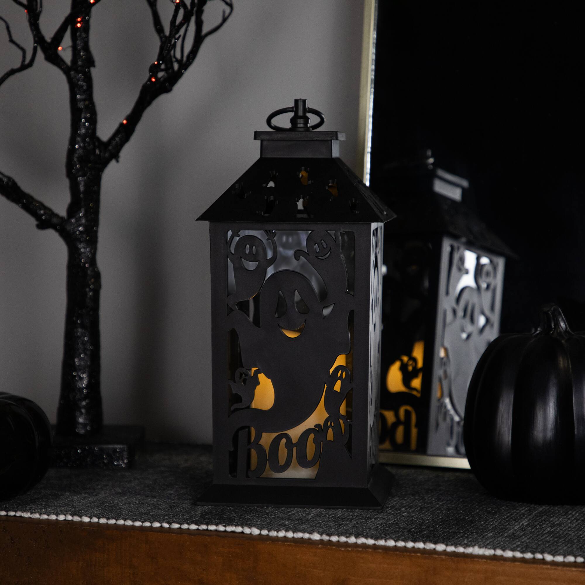11" Black Ghosts Halloween LED Candle Lantern