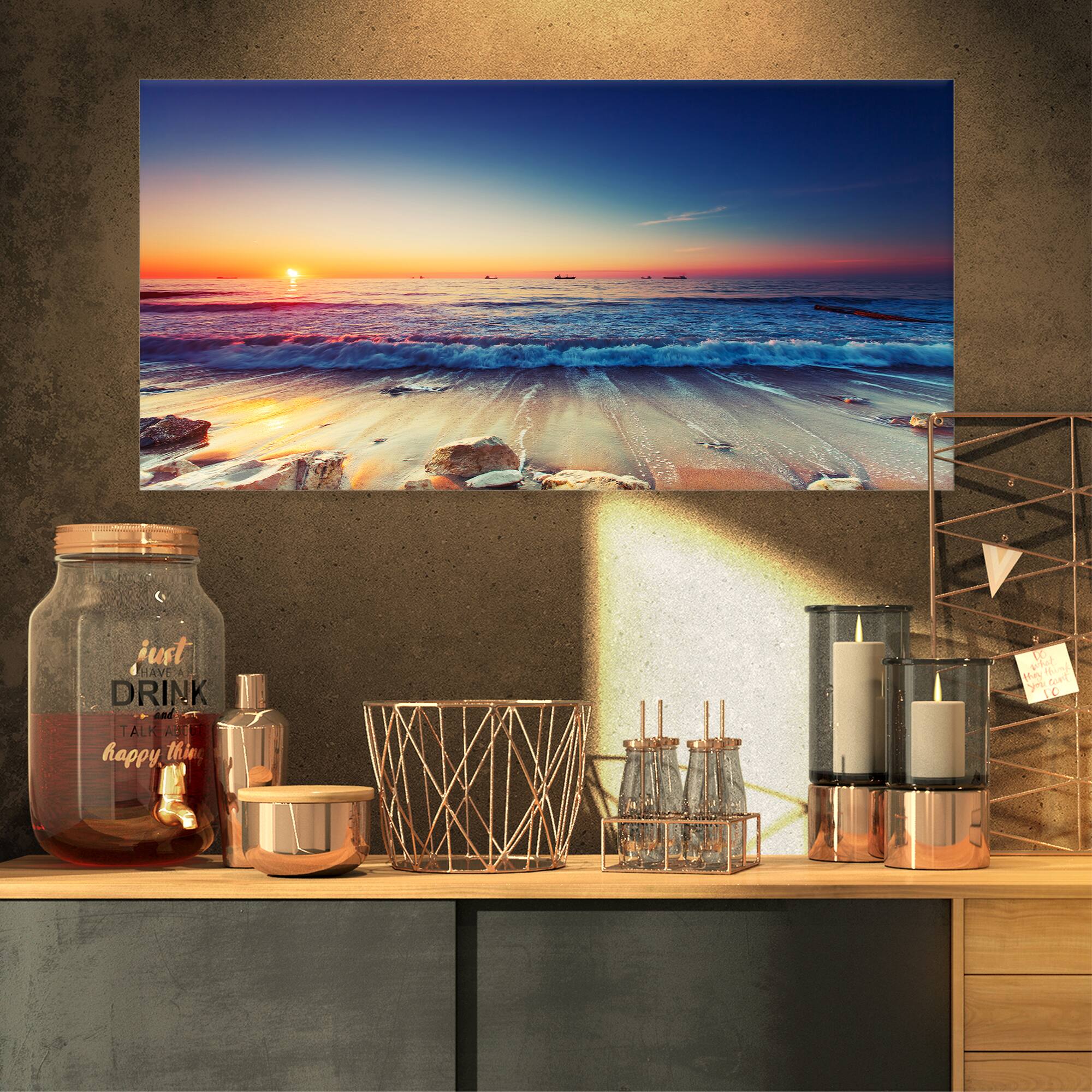 Designart - Beautiful Sunrise over Blue Sea - Seashore Canvas Art Print