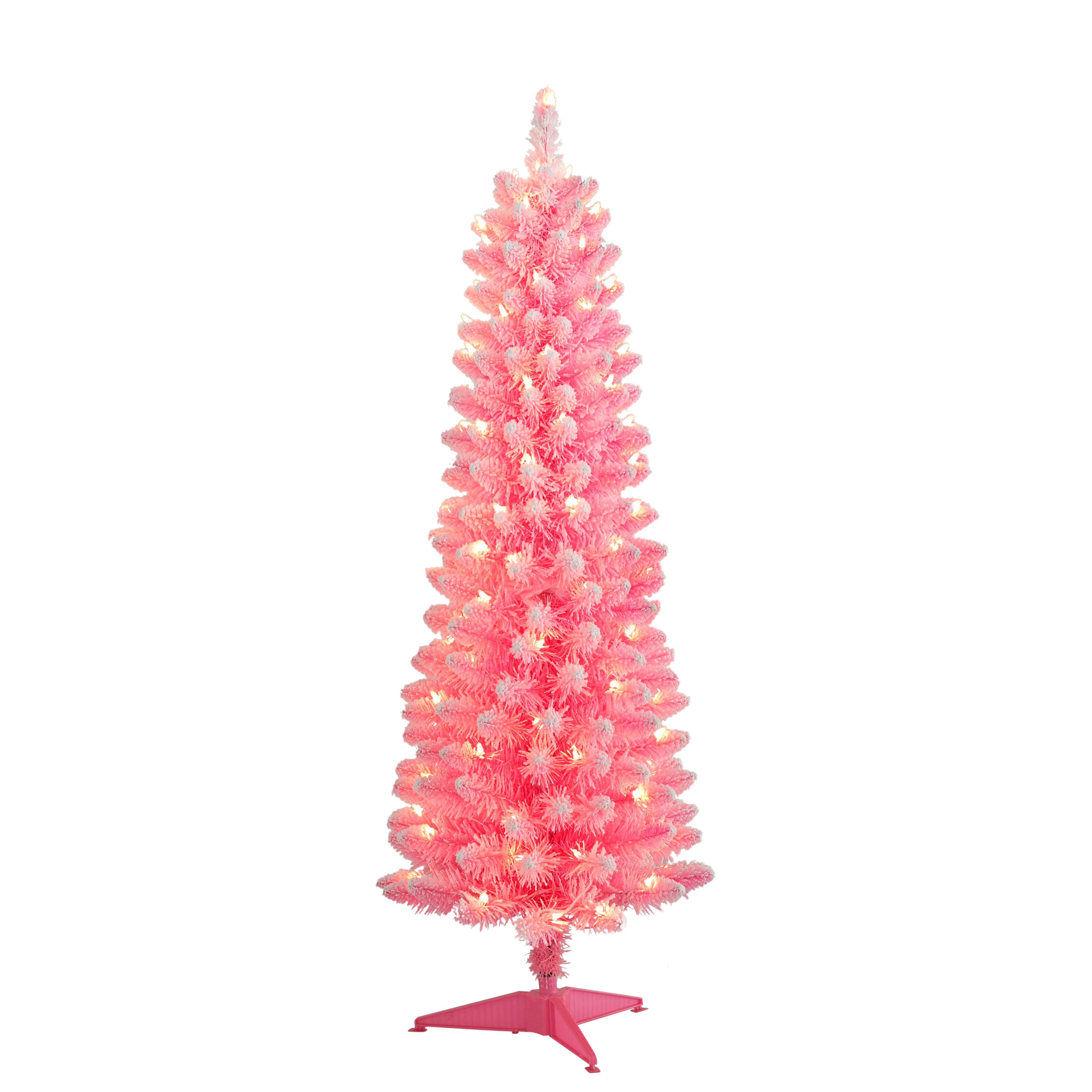 4.5ft. Pre-Lit Flocked Fashion Pink Pencil Artificial Christmas Tree, Clear Lights