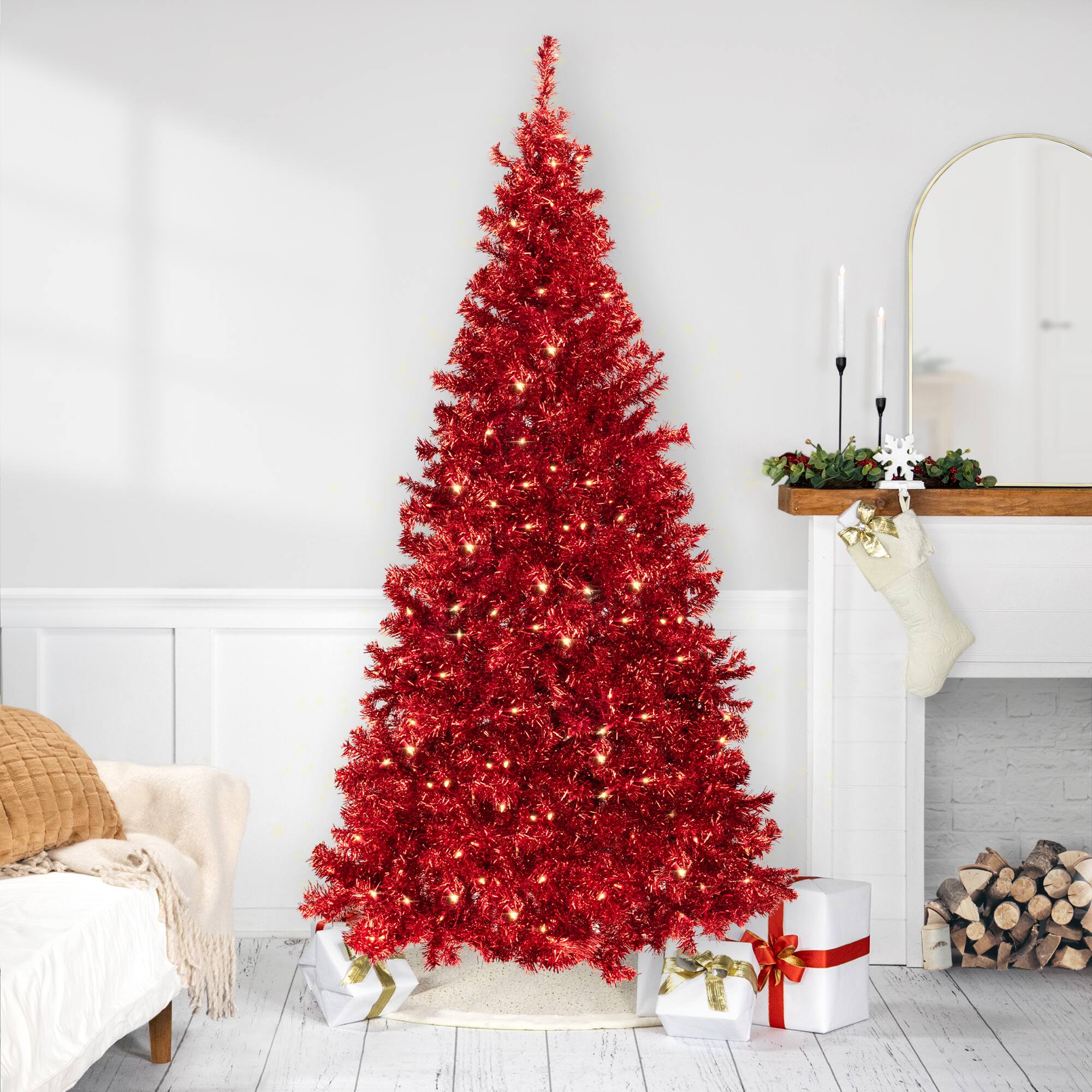 7ft. Pre-Lit Red Artificial Tinsel Christmas Tree, Clear Lights