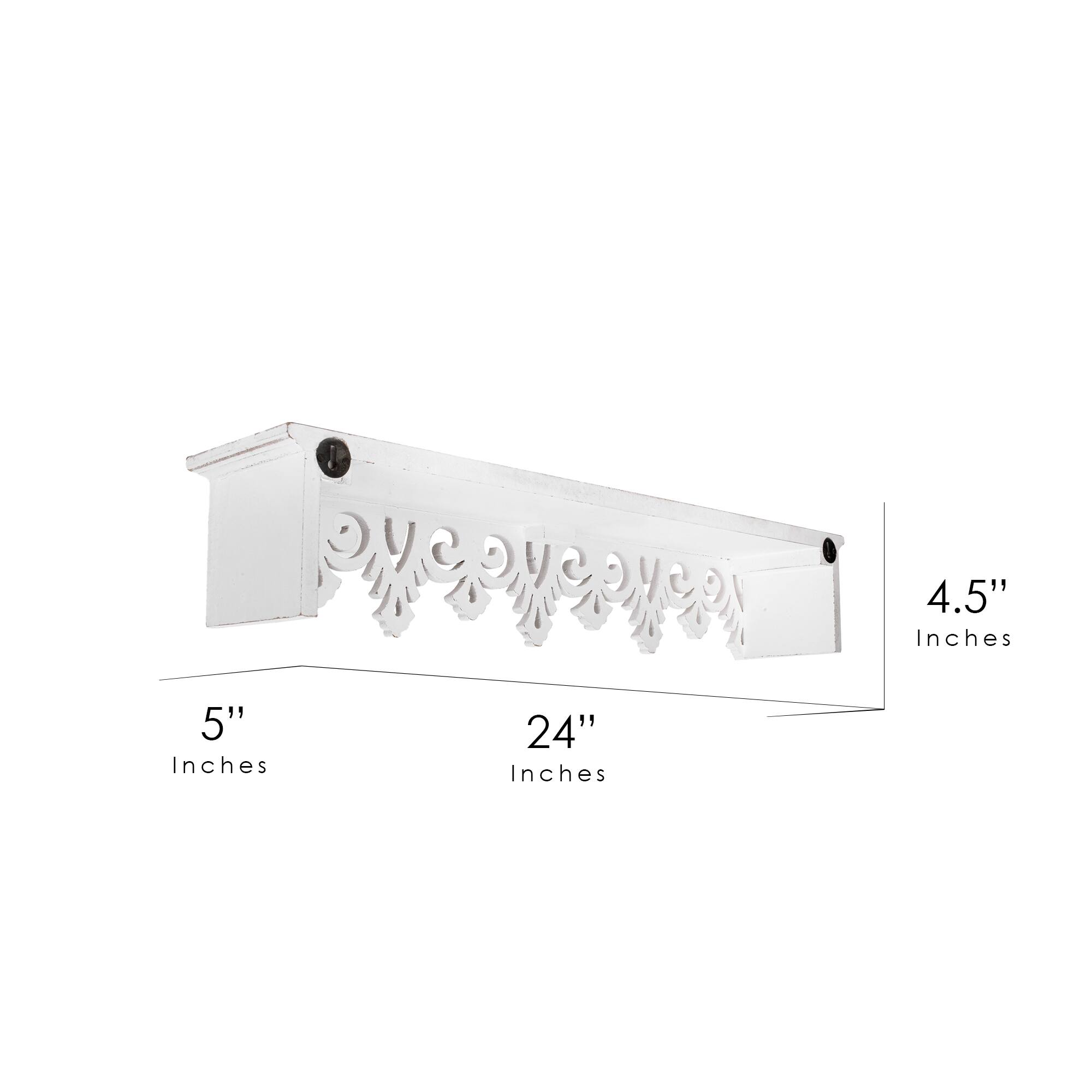 24" Whitewashed Hand-Carved Wood Floating Wall Shelf