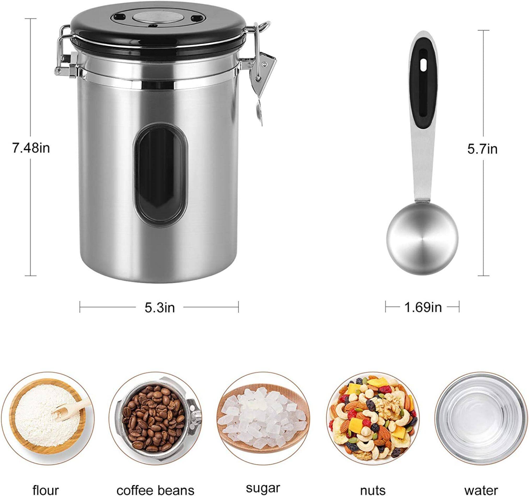 Nex NEX Coffee Canister, Airtight Stainless Steel Food Storage Container,  Large 22 oz, With Scoop, CO2-Release Valve and Date