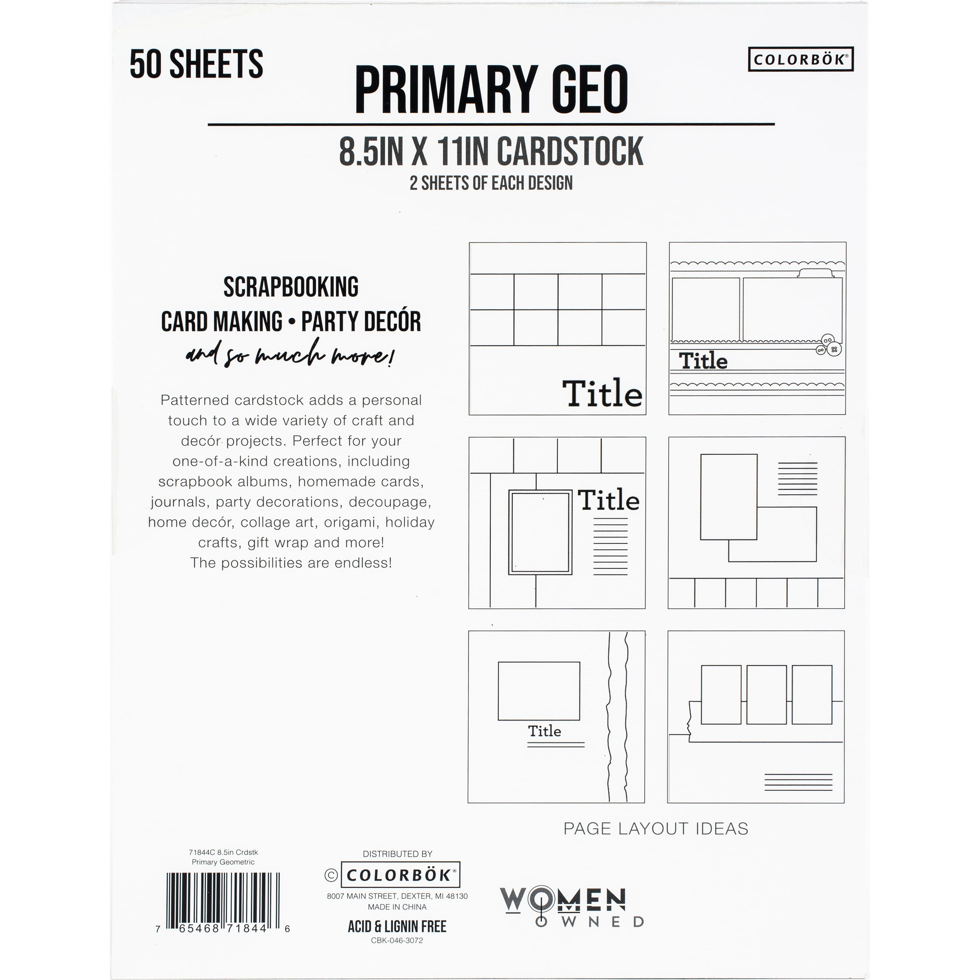Colorbok&#xAE; Primary Geometric 8.5&#x22; x 11&#x22; Double-Sided Cardstock, 50 Sheets