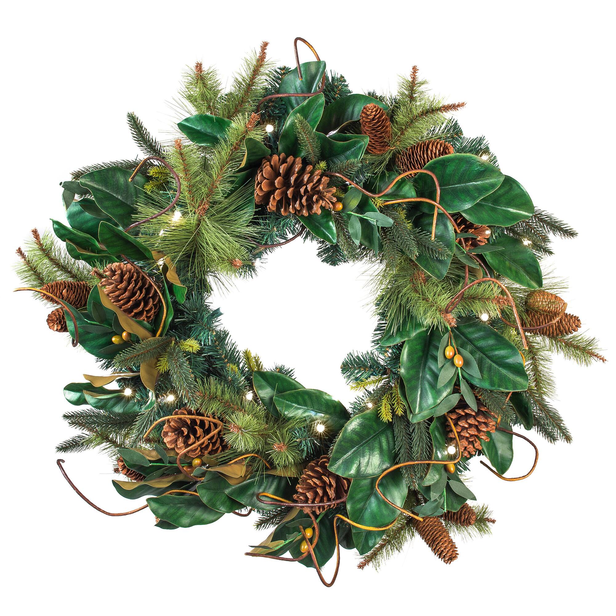 Village Lighting 30" Pre-Lit Magnolia Leaf Christmas Wreath, Clear LED Lights