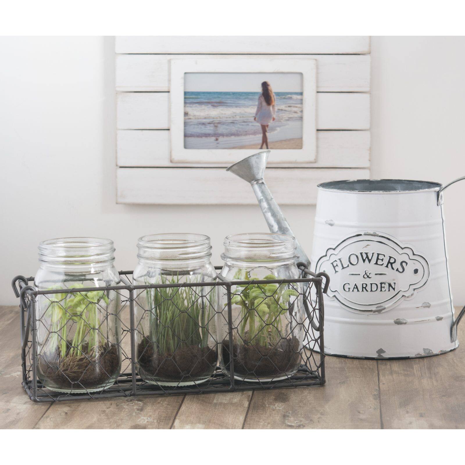 DII® Vintage Gray Chicken Wire Caddy with Clear Jars