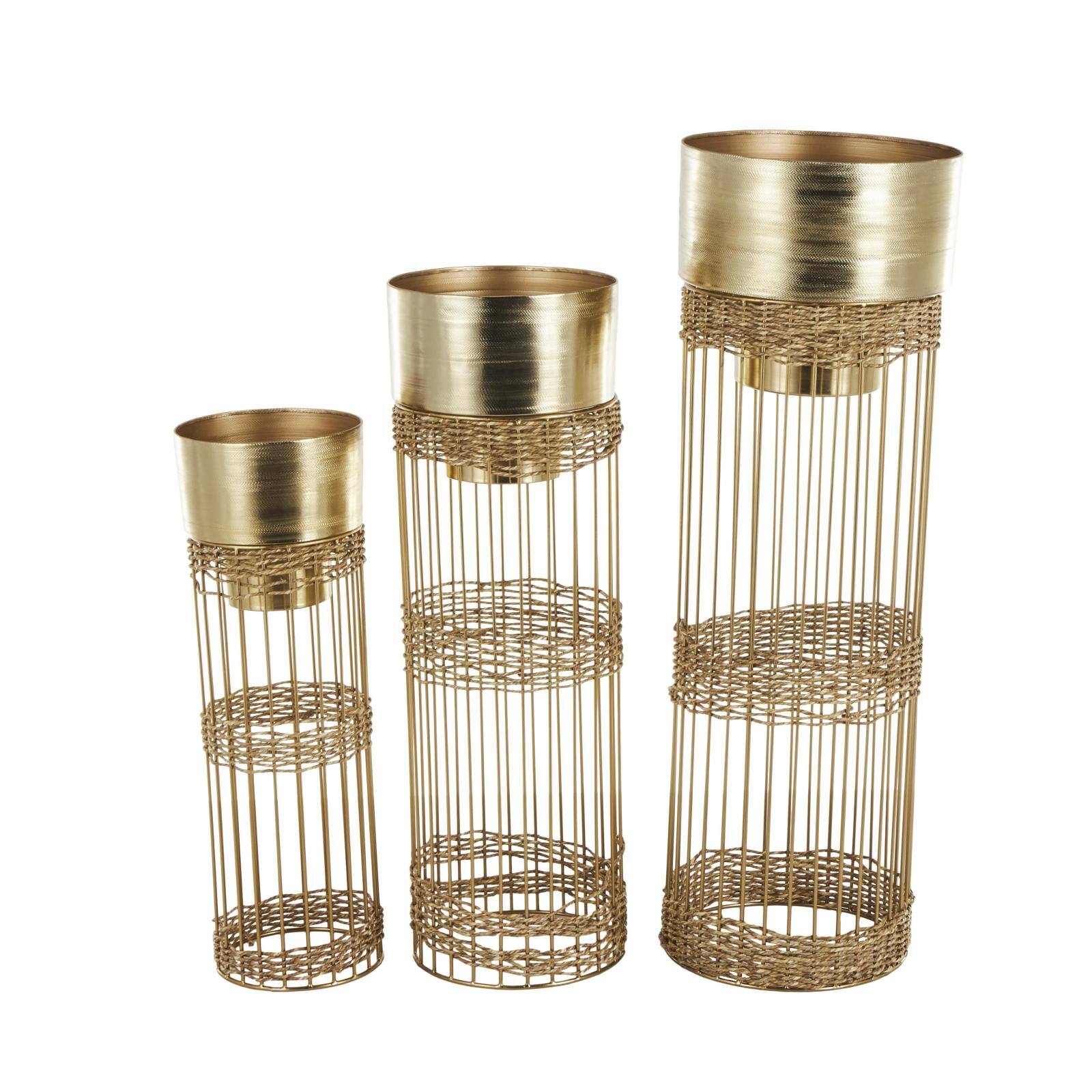 Gold Metal Textured Cylindrical Dome Planter &#x26; Pedestal Base Set