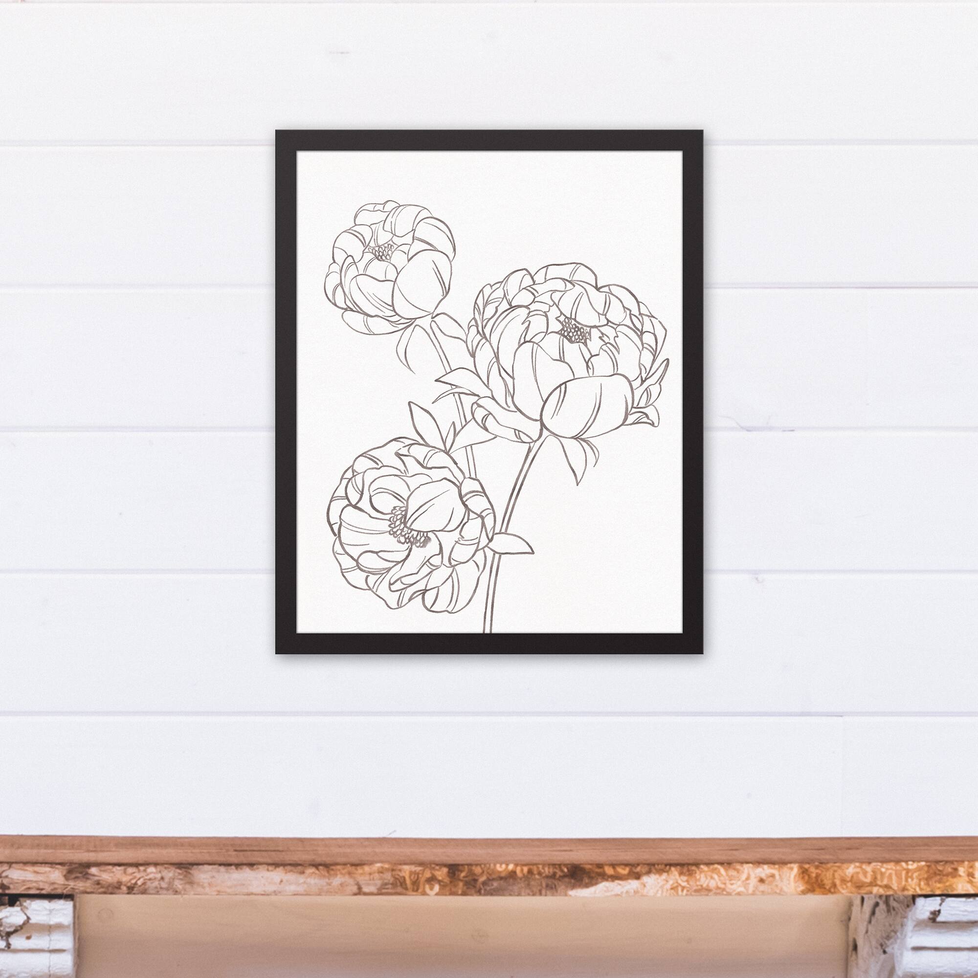 Gray Peony Sketch Black Framed Canvas