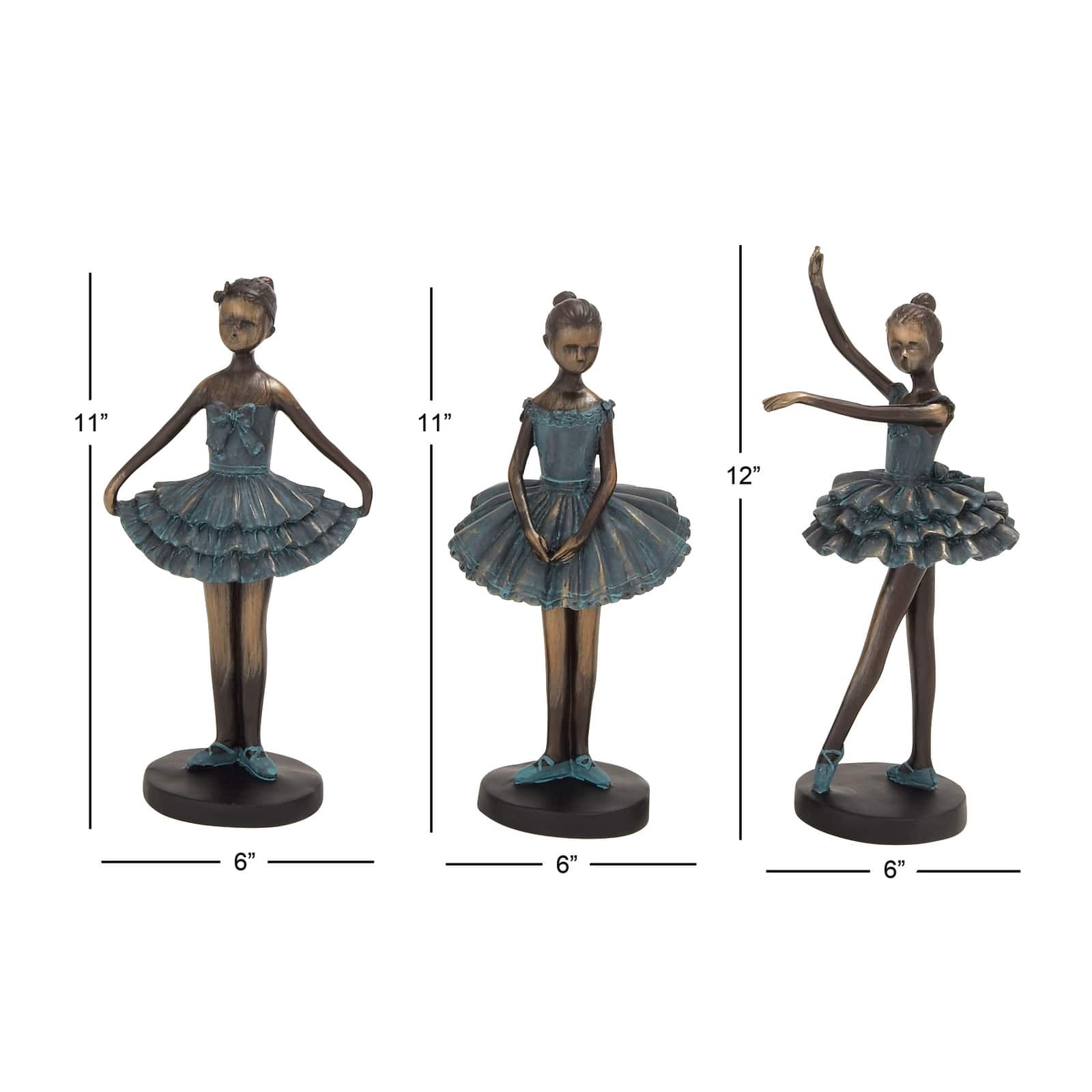 Set of 3 Teal Polystone Traditional Dancer Sculpture, 6" x 12"