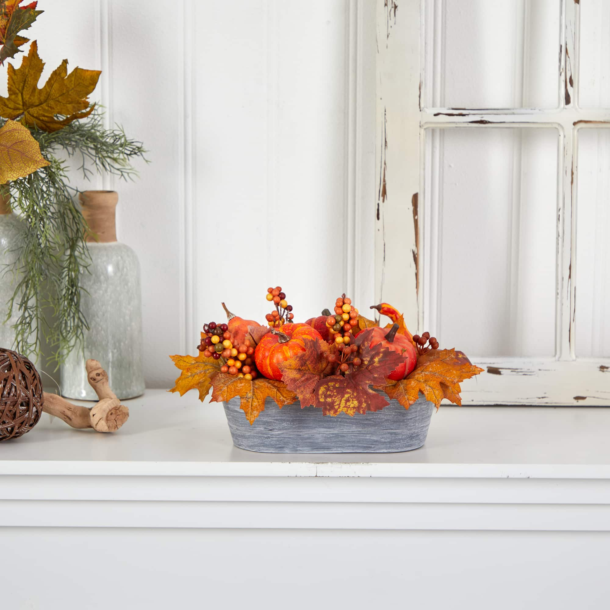 12&#x22; Pumpkin &#x26; Berries Autumn Harvest Arrangement In Washed Vase