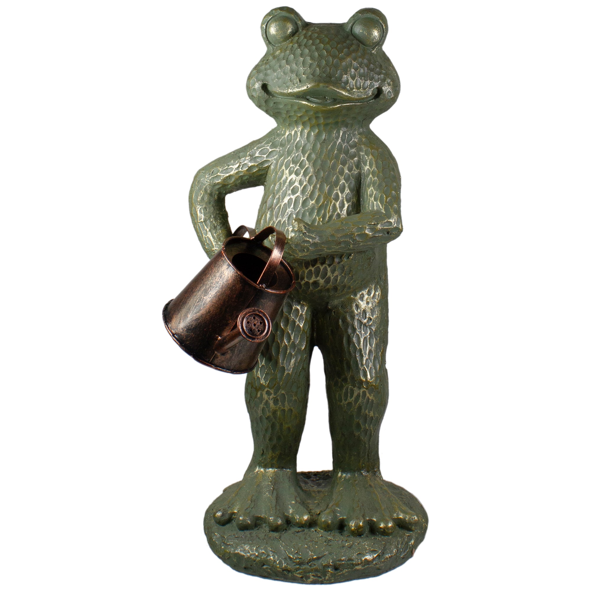 17&#x22; Gold Verdigris Frog with Watering Can Outdoor Garden Statue
