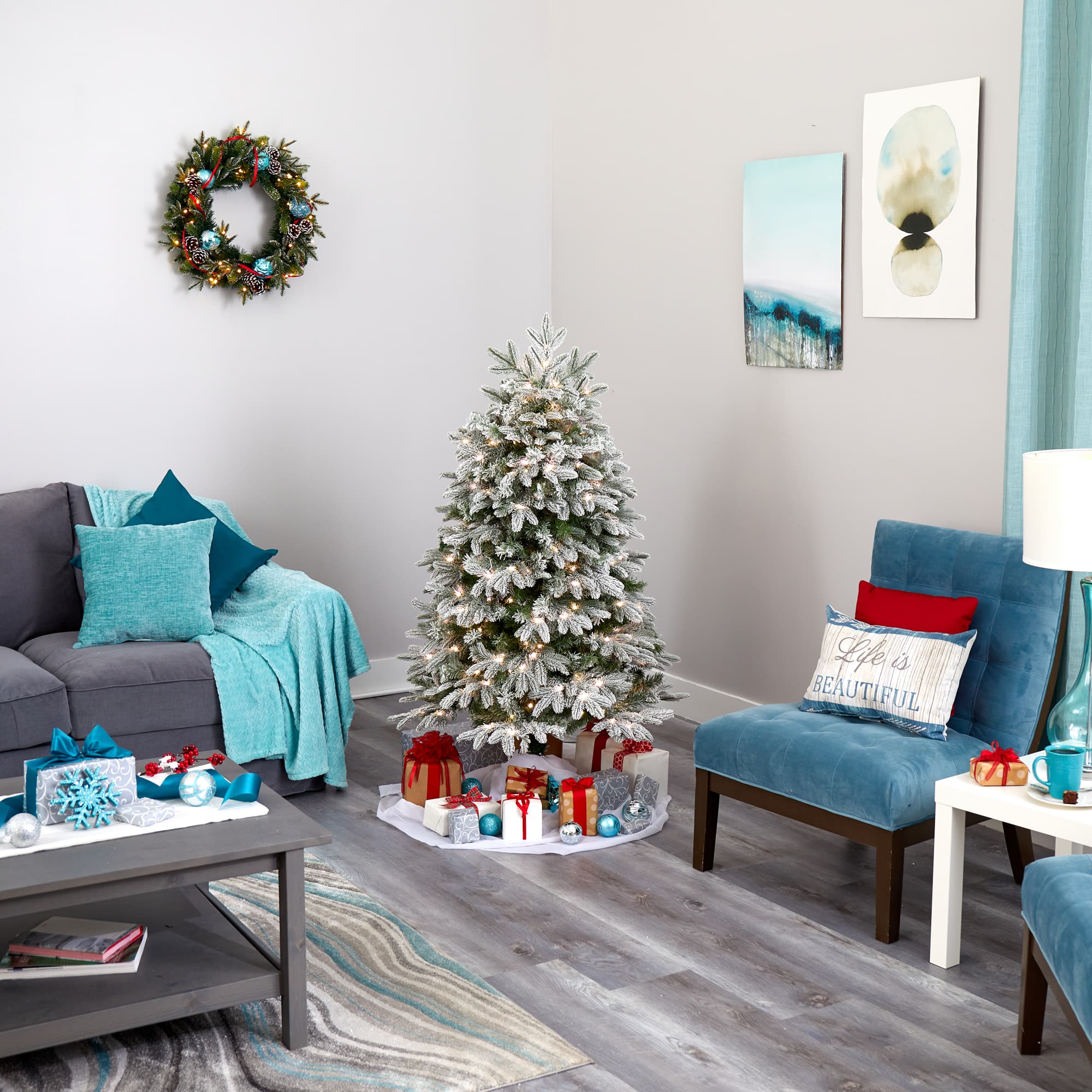 5ft. Pre-Lit Flocked Colorado Mountain Fir Artificial Christmas Tree, Warm White Microdot LED Lights